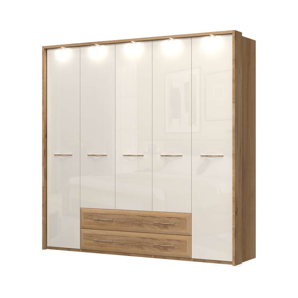 Home affaire Kleiderschrank »Gala, beige hochglänzend UV lackiert, kratzfest, FSC-zertifiziert«, (abgerundete Schubladen aus MDF im Holzdekor, soft-close), mit Beleuchtung und Passpartourahmen, hoher Schrank (224cm), 4 Breiten