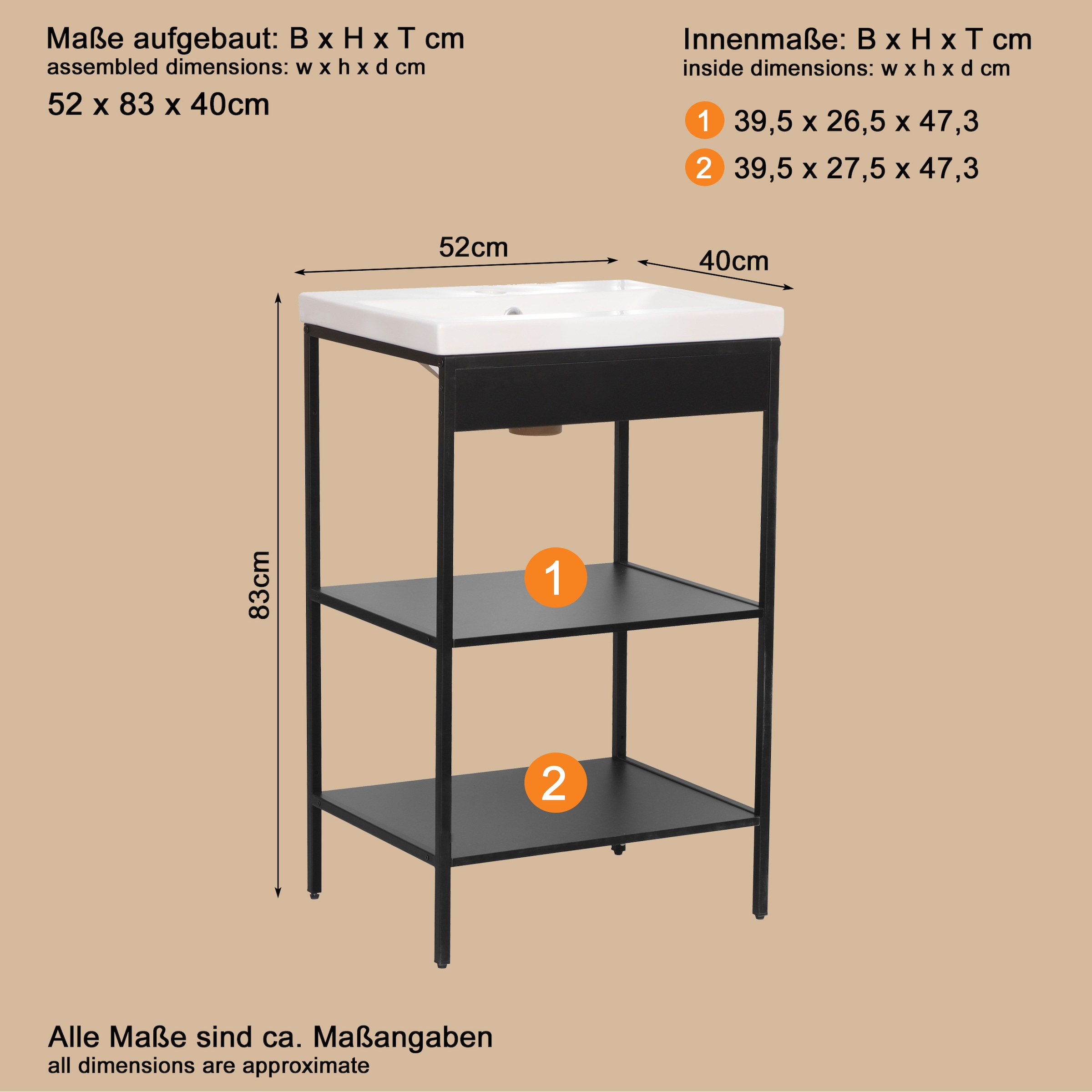 welltime Waschbeckenunterschrank »Lodi«, (2 St.), Waschbeckenregal mit Metallrahmen - (B/T/H) 52 / 40 / 83 cm