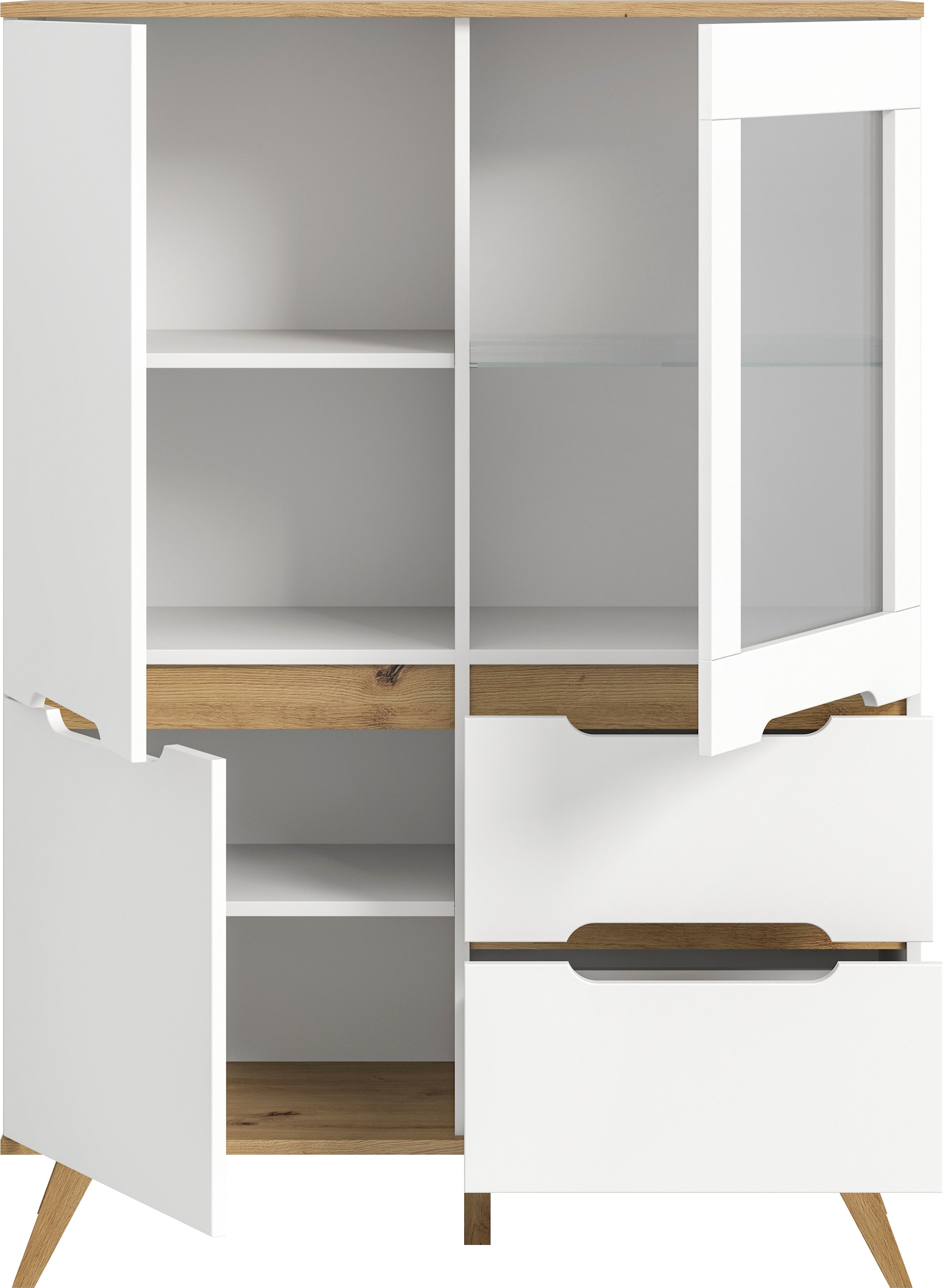 Home affaire Highboard »Alesund, Höhe 140cm, 2 Türen, 1 Schubkasten,konischer Fuß, Scandi-Look«, Anrichte, Schrank, Kommode, Midischrank, Wohnmöbel, Wohnzimmer