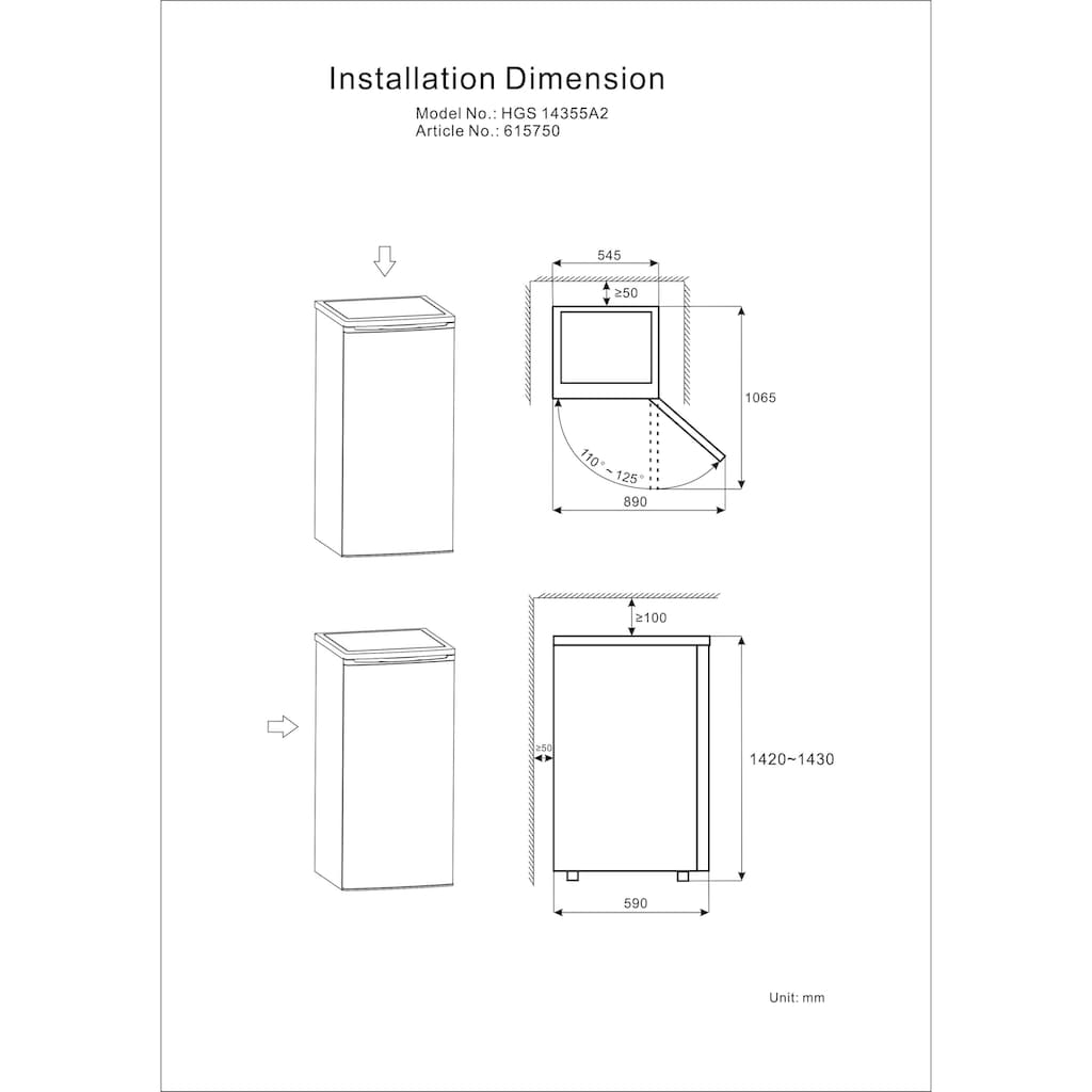 Hanseatic Gefrierschrank »HGS 14355A2«, 142 cm hoch, 55 cm breit