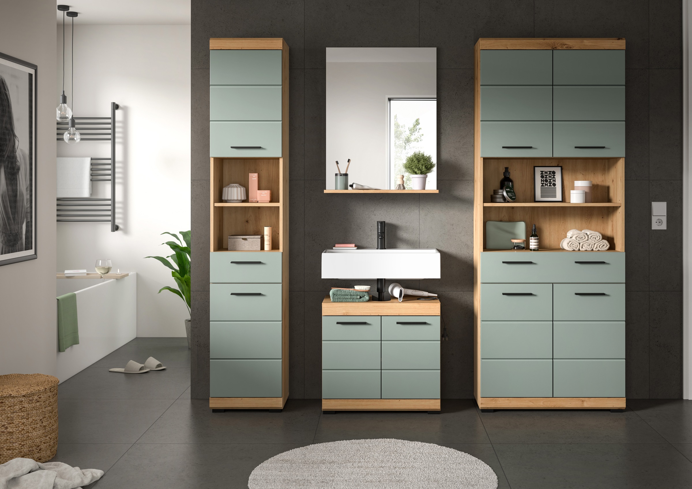 INOSIGN Badmöbel-Set »Siena, 4 teilig, bestehend aus:«, (Set), Hochschrank, Waschbeckenunterschrank, Badspiegel, Hochschrank breit