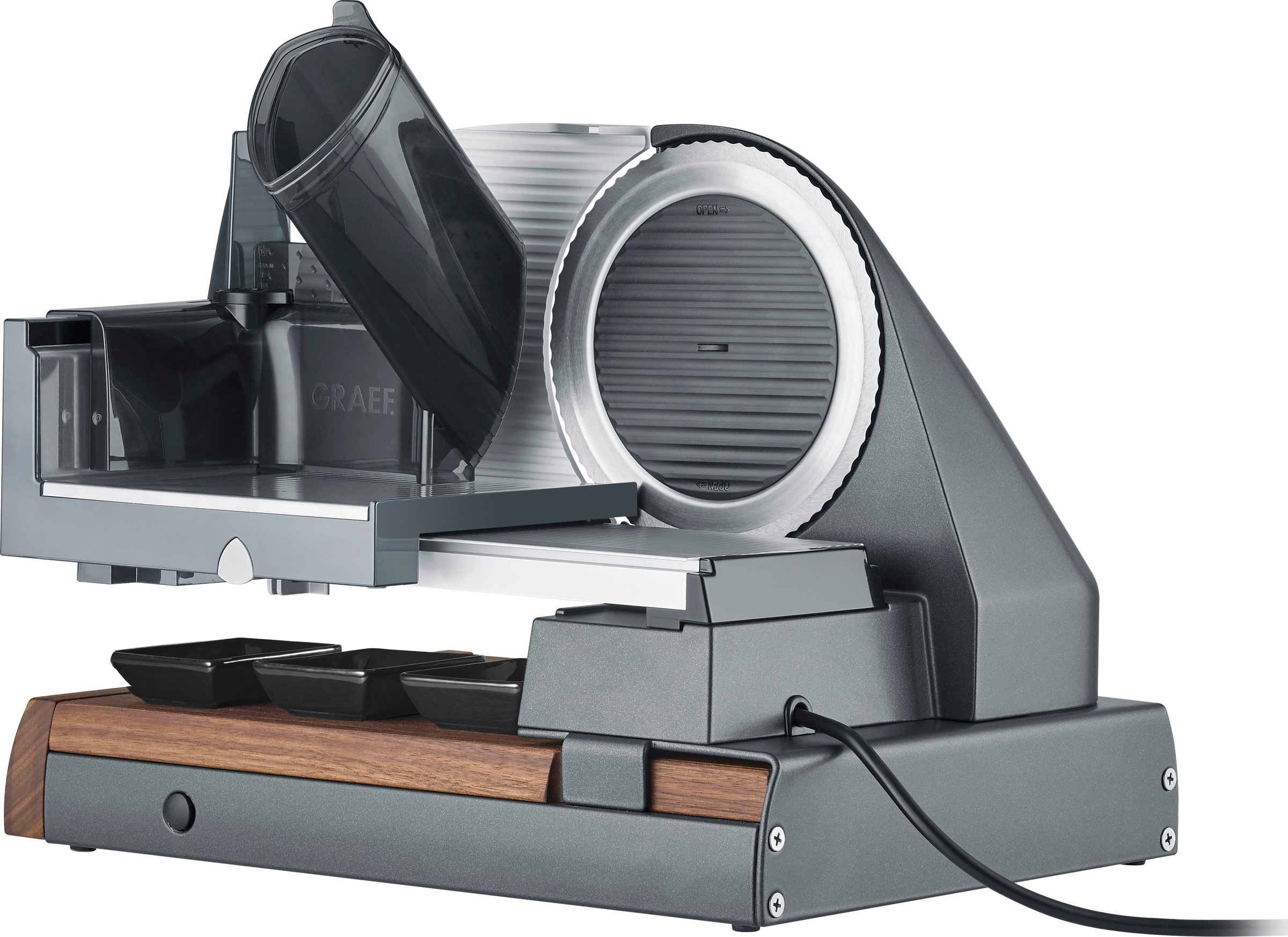 Graef Allesschneider »ICONIC²³ S55006«, 170 W, mit Walnussholz-Schneidbrett, 3 Dip-Schälchen aus Porzellan