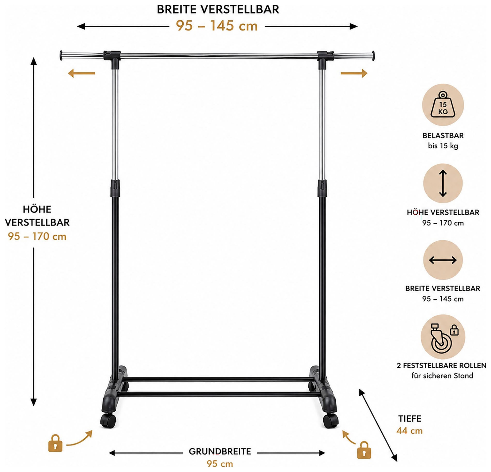 HAKU Garderobenständer »Garderobe, Garderobenständer, Kleiderständer auf Rollen, Kleiderwagen« rechteckig - aus Metall Schwarz - B/T/H 95/44/95-170 cm