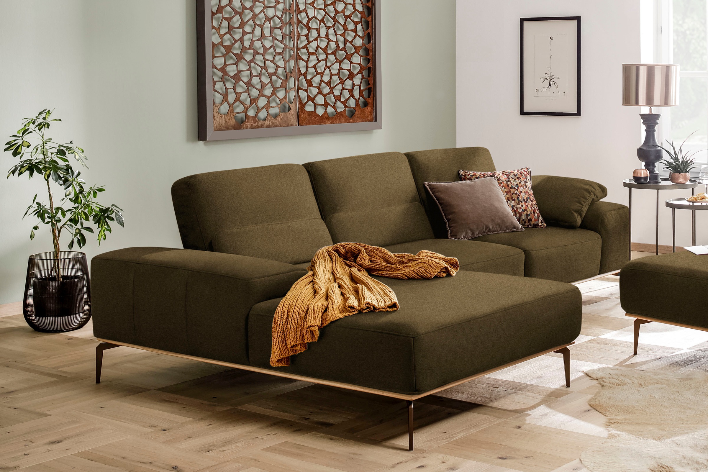 W.SCHILLIG Ecksofa »run, Designsofa mit tollem Sitzkomfort, L-Form«, mit Holzsockel, Füße in Bronze pulverbeschichtet, Breite 299 cm