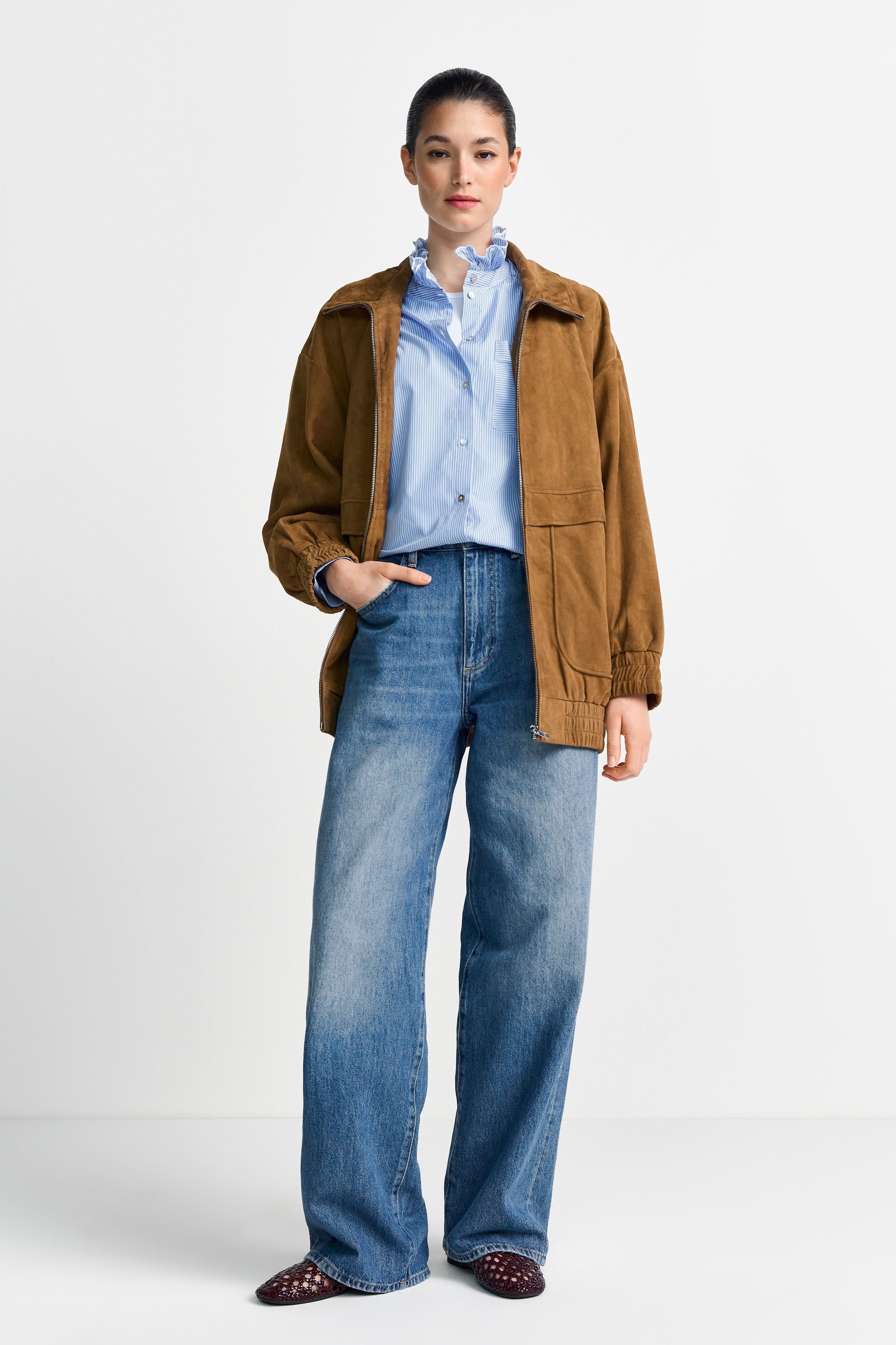 RICHROYAL Langarmbluse gestreift, mit Rüschendetails am Kragen