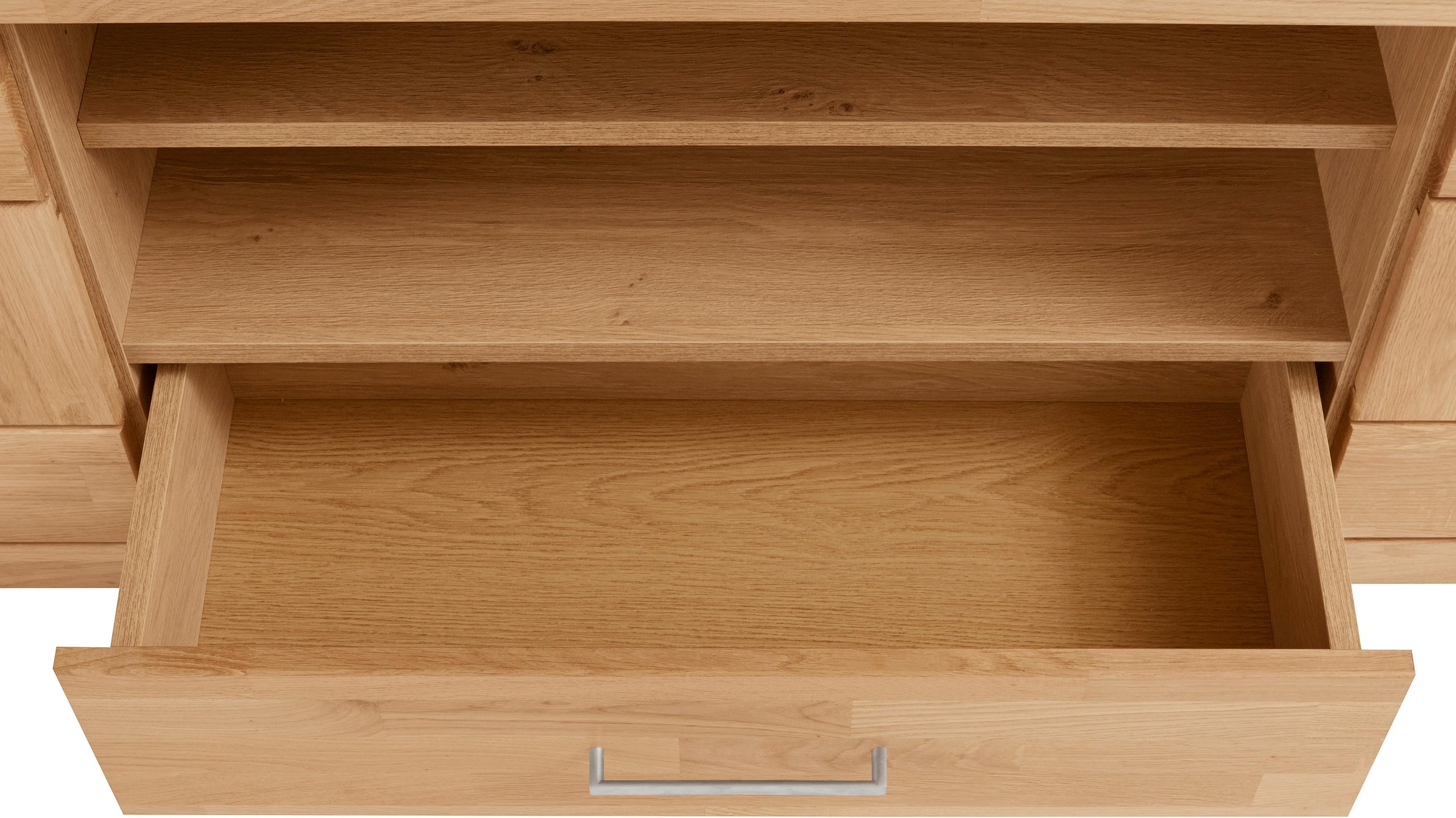 Home affaire Lowboard »Ribe,160cm breit, Fronten Massivholz,6 Fächer,Kabeldurchführung«, Korpus Holzwerkstoff,Glaseinsatz aus gehärtetem Glas,Böden versetzbar