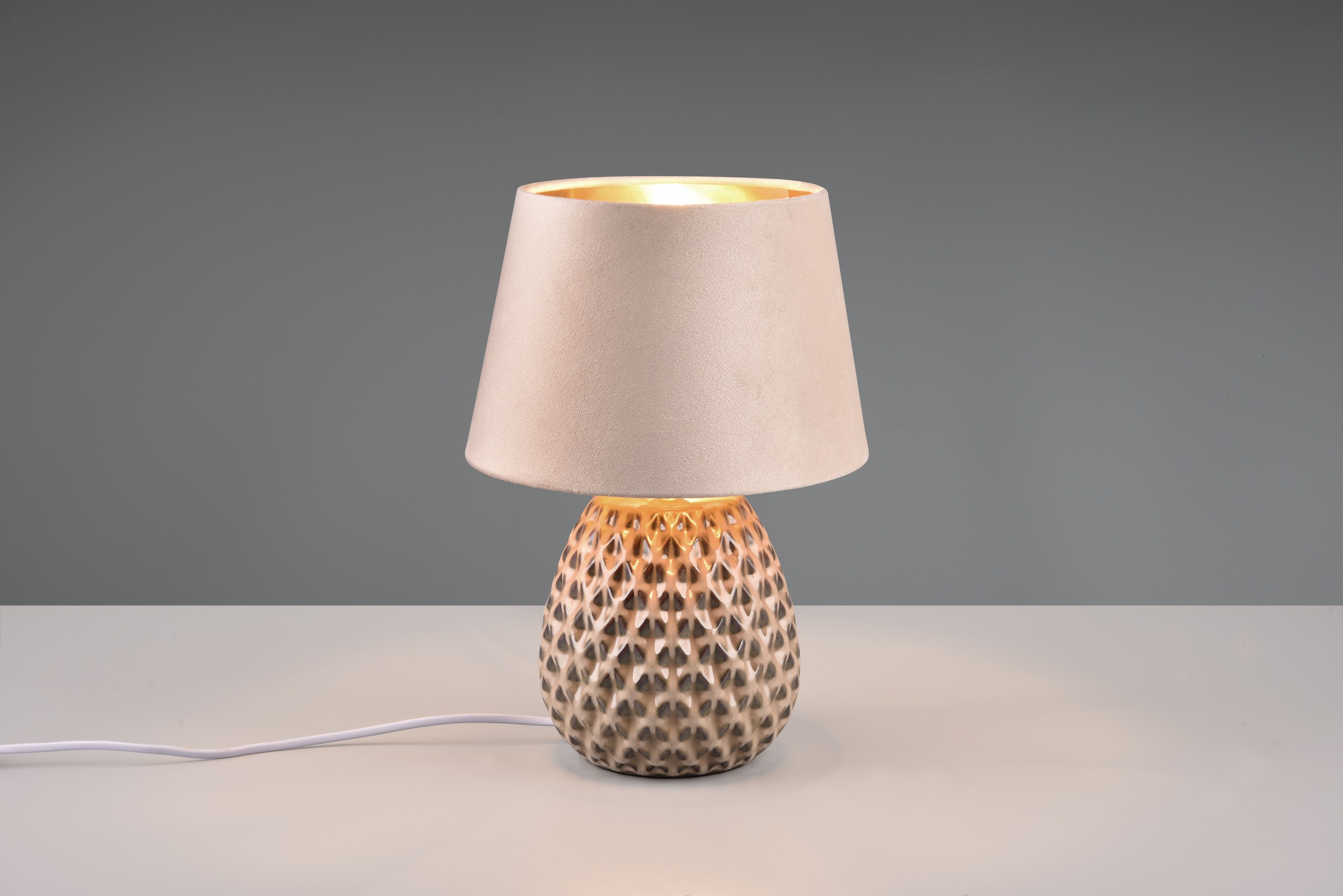 REALITY Leuchten Schreibtischlampe »ARIANA Tischleuchte exkl 1xE27 max60W Höhe 35cm Ø 24cm Nachttischlampe«, 1 flammig, Leuchtmittel E27 | Leuchtmittel wechselbar, Struktur Keramik Samt Schirm innen gold,Tischlampe mit Schnurschalter