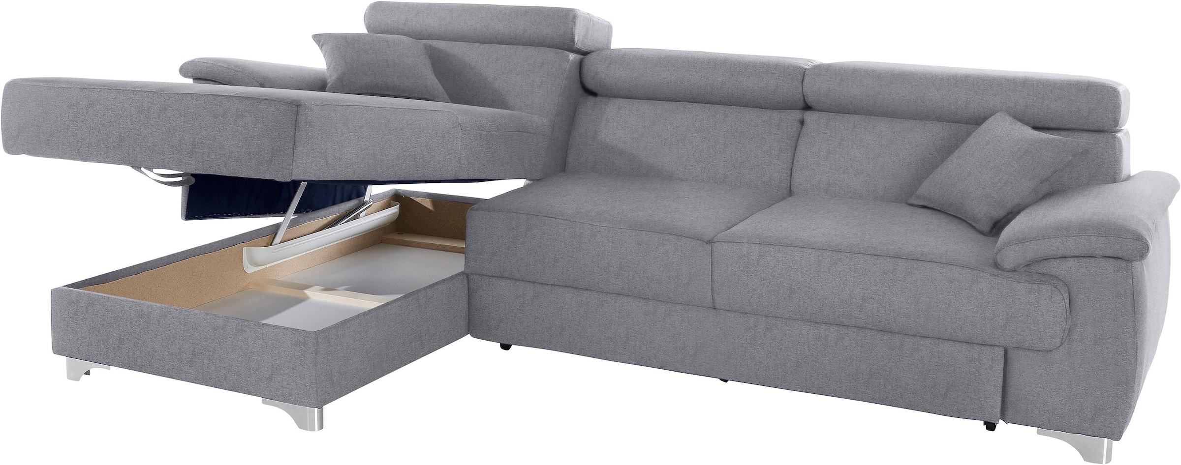 DOMO collection Ecksofa »Mira, inklusive Kopfteilverstellung für mehr Wohlfühlkomfort, L-Form«, wahlweise mit Bettfunktion und Bettkasten, elegant und modern