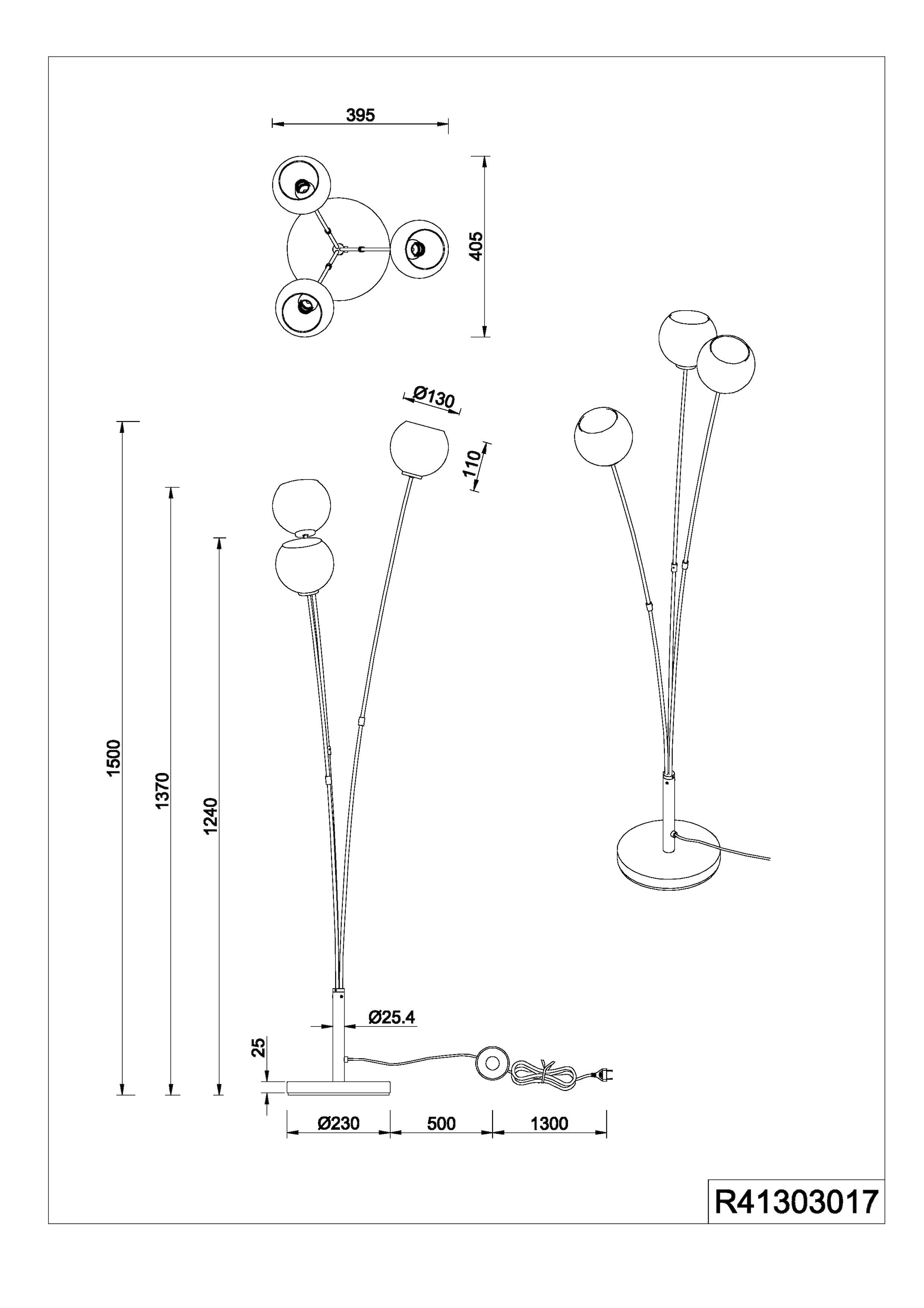 REALITY Leuchten Stehlampe »SHELDON, Stehleuchte 3-flammig exkl 3x E14 max 10W mit Fußschalter«, 3 flammig, Leuchtmittel E14 | Leuchtmittel wechselbar, dreiarmige Standleuchte mit bunten Glasschirmen Stehleuchte Wohnzimmer
