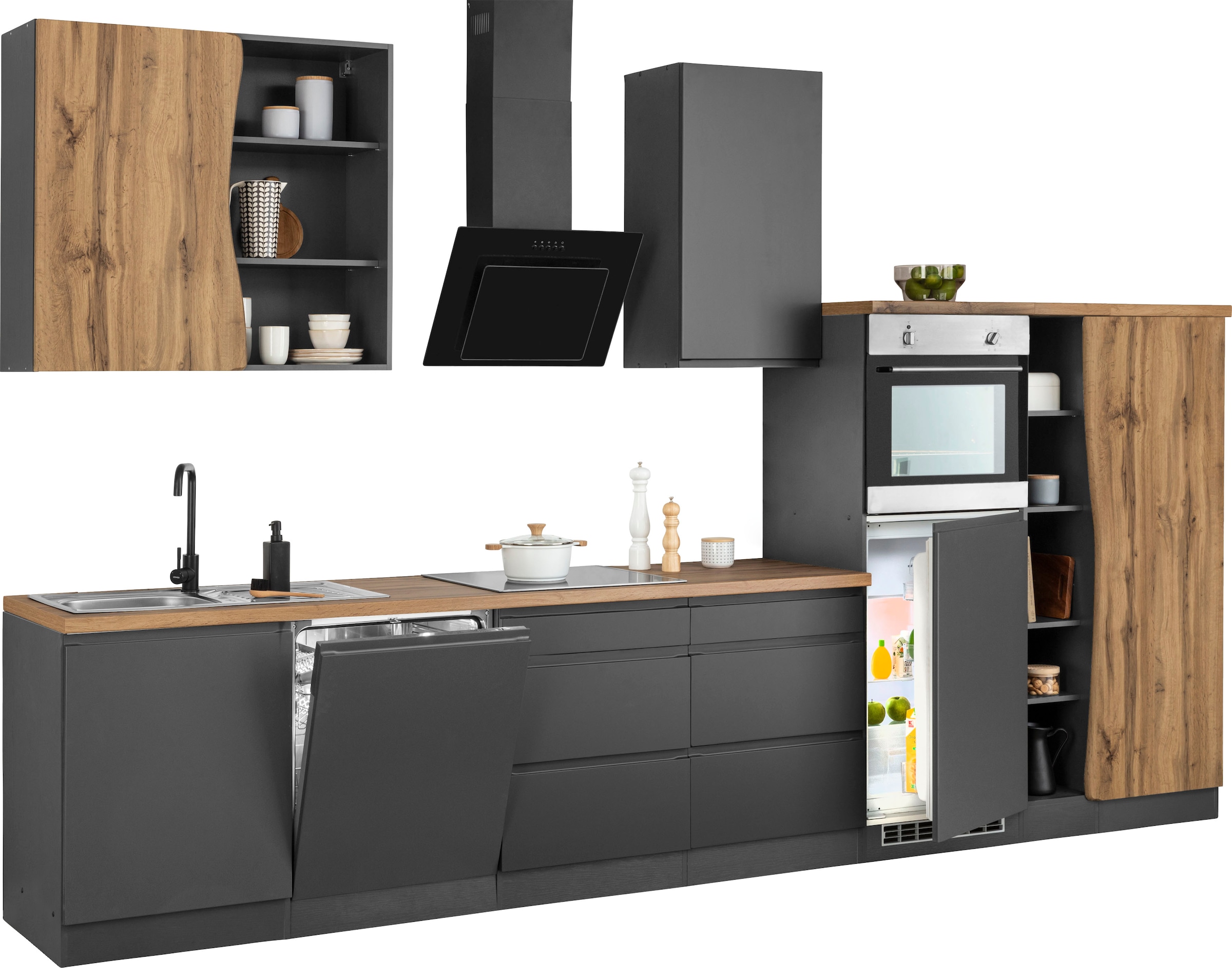 KOCHSTATION Küchenzeile »KS-Bruneck«, 380 cm breit, Ceran-oder Induktionskochfeld, hochwertige MDF-Fronten