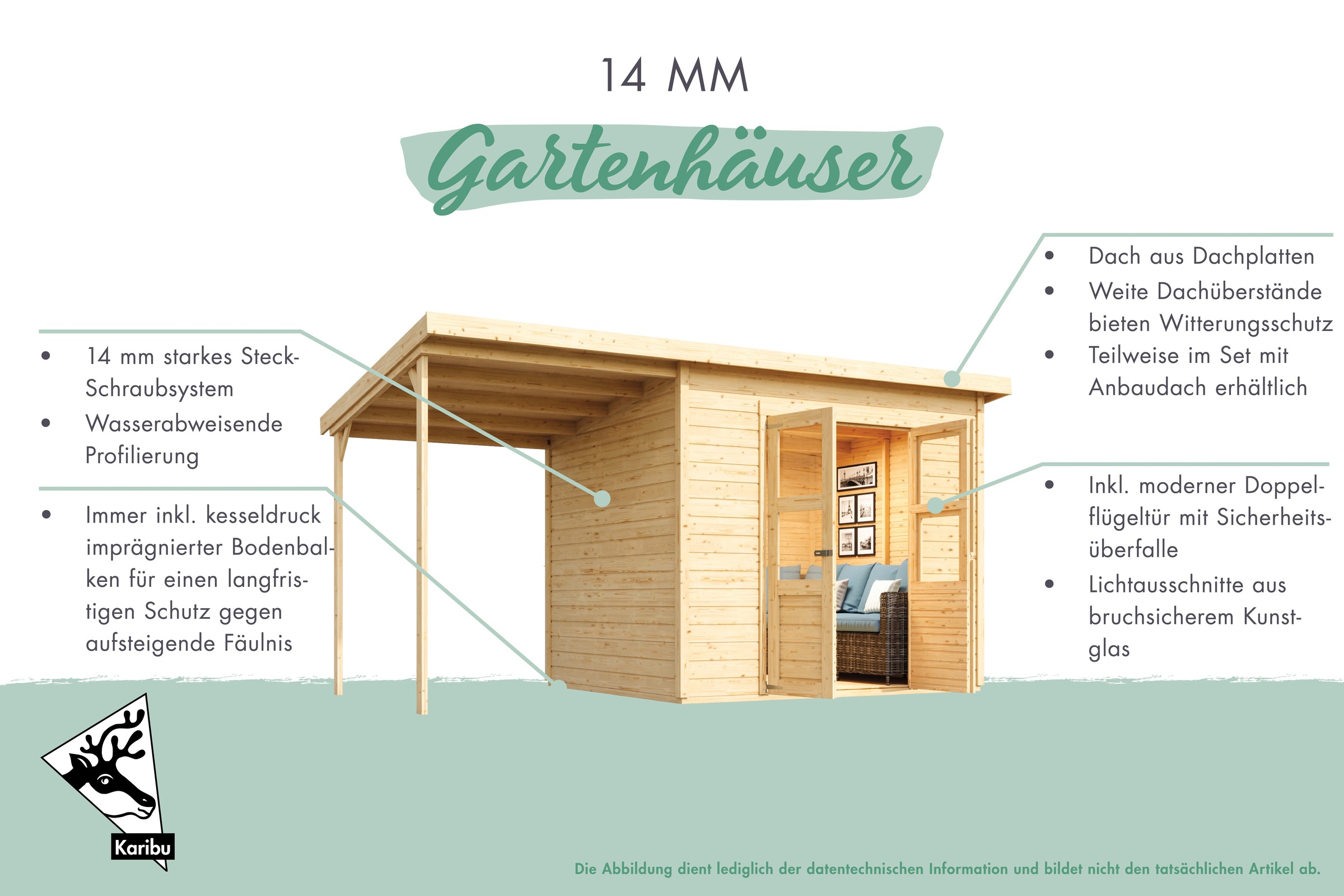 Karibu Gartenhaus »»Merseburg 2« vorvergraut mit Anbaudach«, (Set), aus Fichtenholz, farbig lasiert