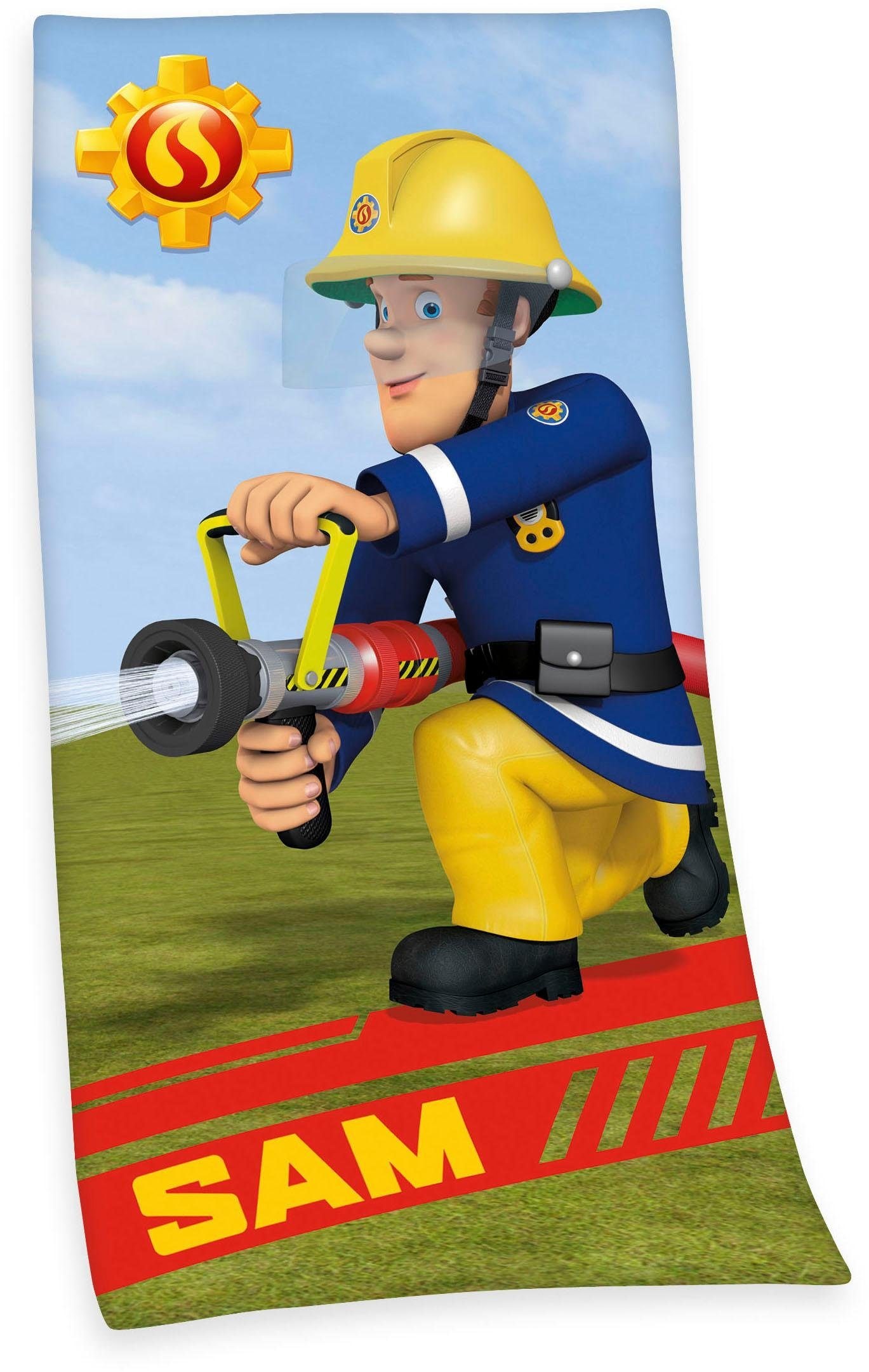 Feuerwehrmann Sam Badetuch "Feuerwehrmann Sam", bunt, B/L: 75cmx150cm, 1 Stk., Feuerwehrmann, Samt