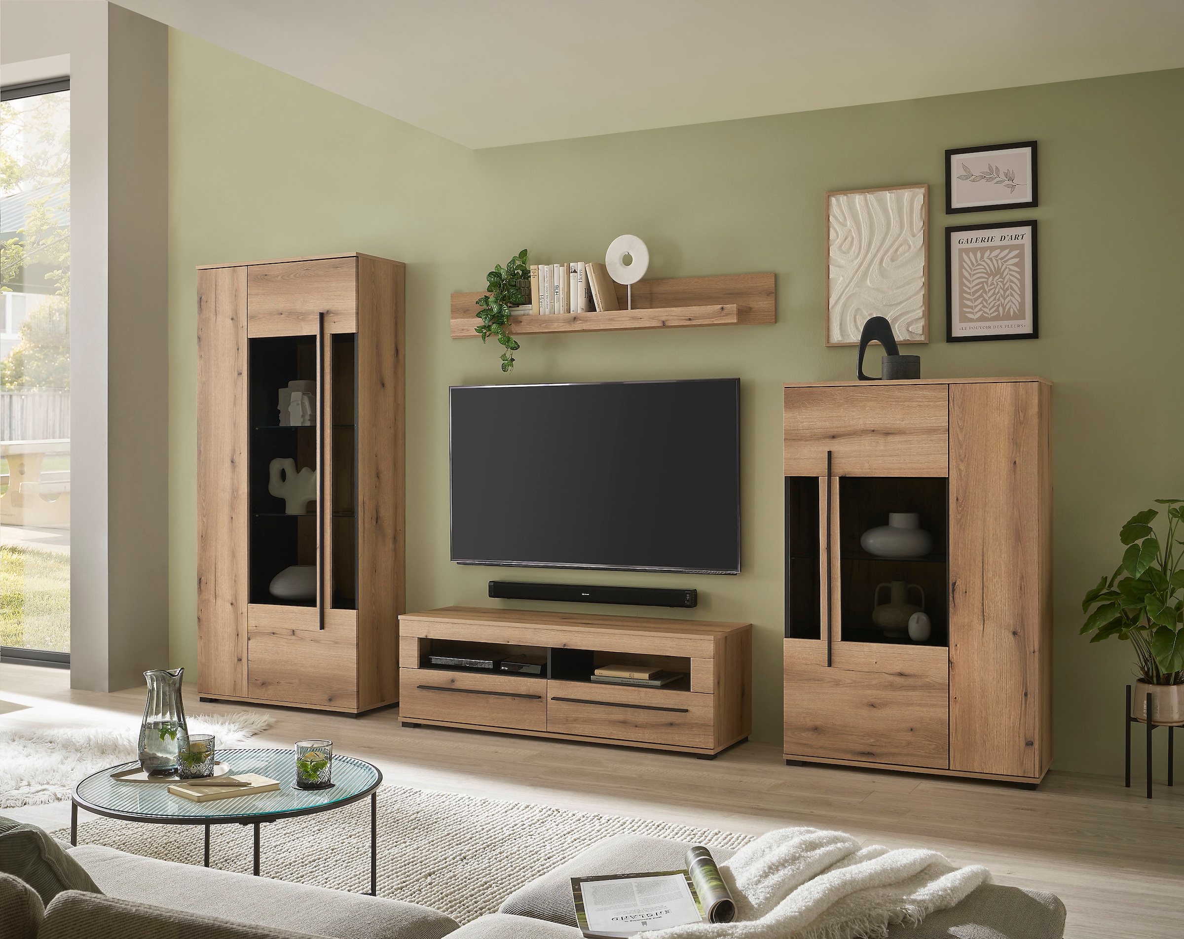 INOSIGN Wohnwand »Cantara, moderne Anbauwand, Wohnzimmer-Set, in Eiche Evoke oder Weiß«, (Set), enthält zwei Vitrinen, ein Lowboard und ein Wandboard