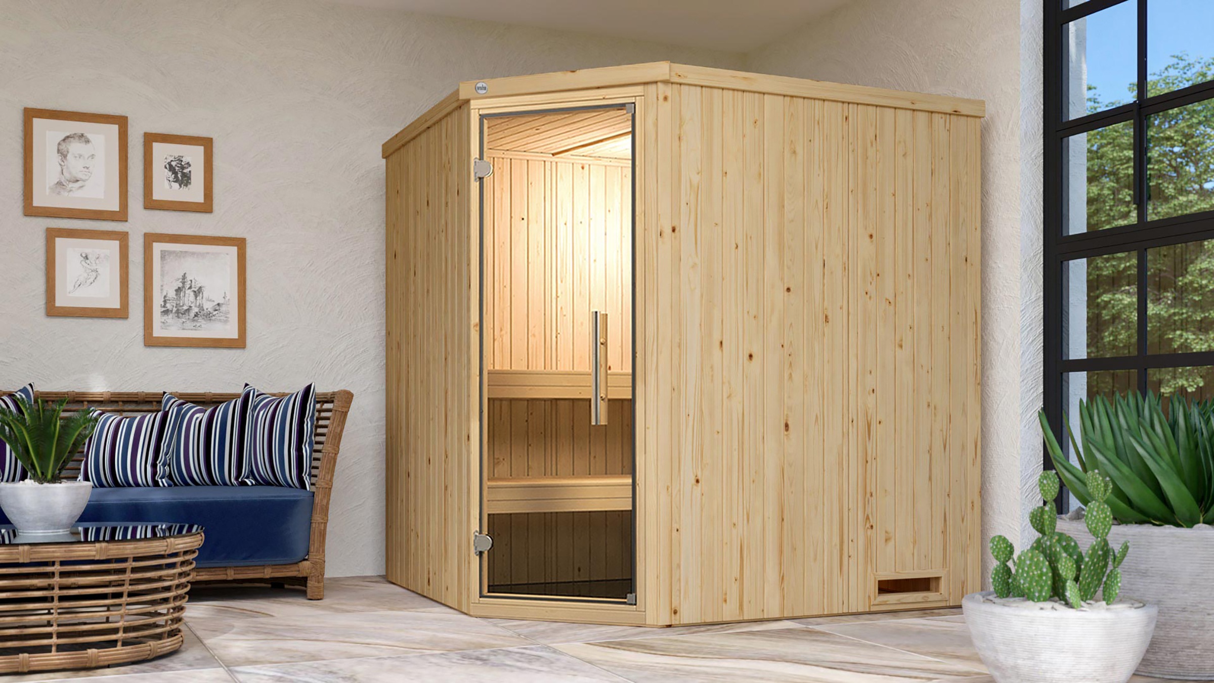 weka Sauna »Element-Ecksauna VARBERG 2«, vorgefertigte Elemente, Eckeinstieg, moderne Ganzglastür