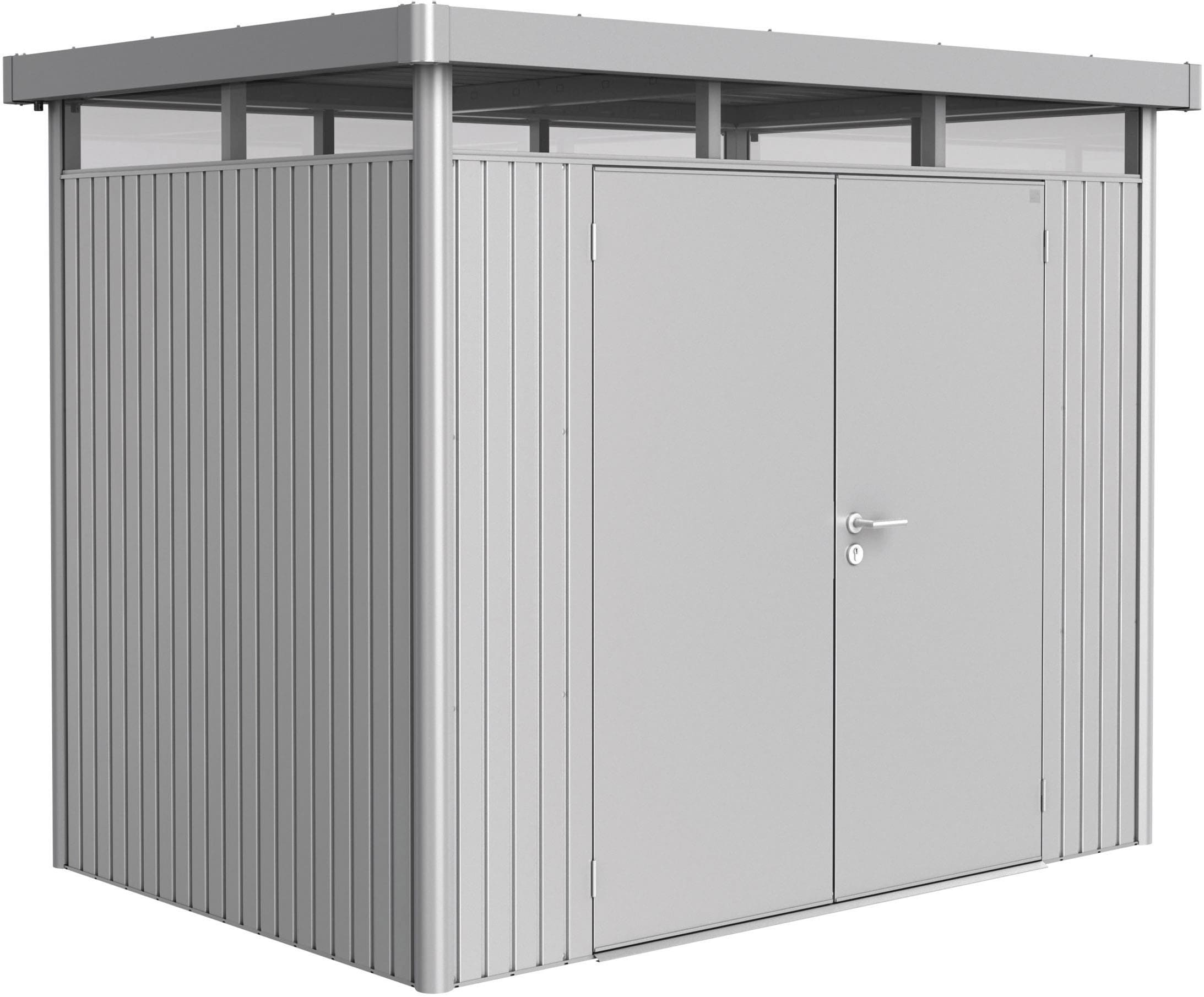 BIOHORT Gerätehaus »HIGHLINE Gr. H2, verschiedene Farben« stylisches Metall-Gartenhaus mit Flachdach silber-metallic