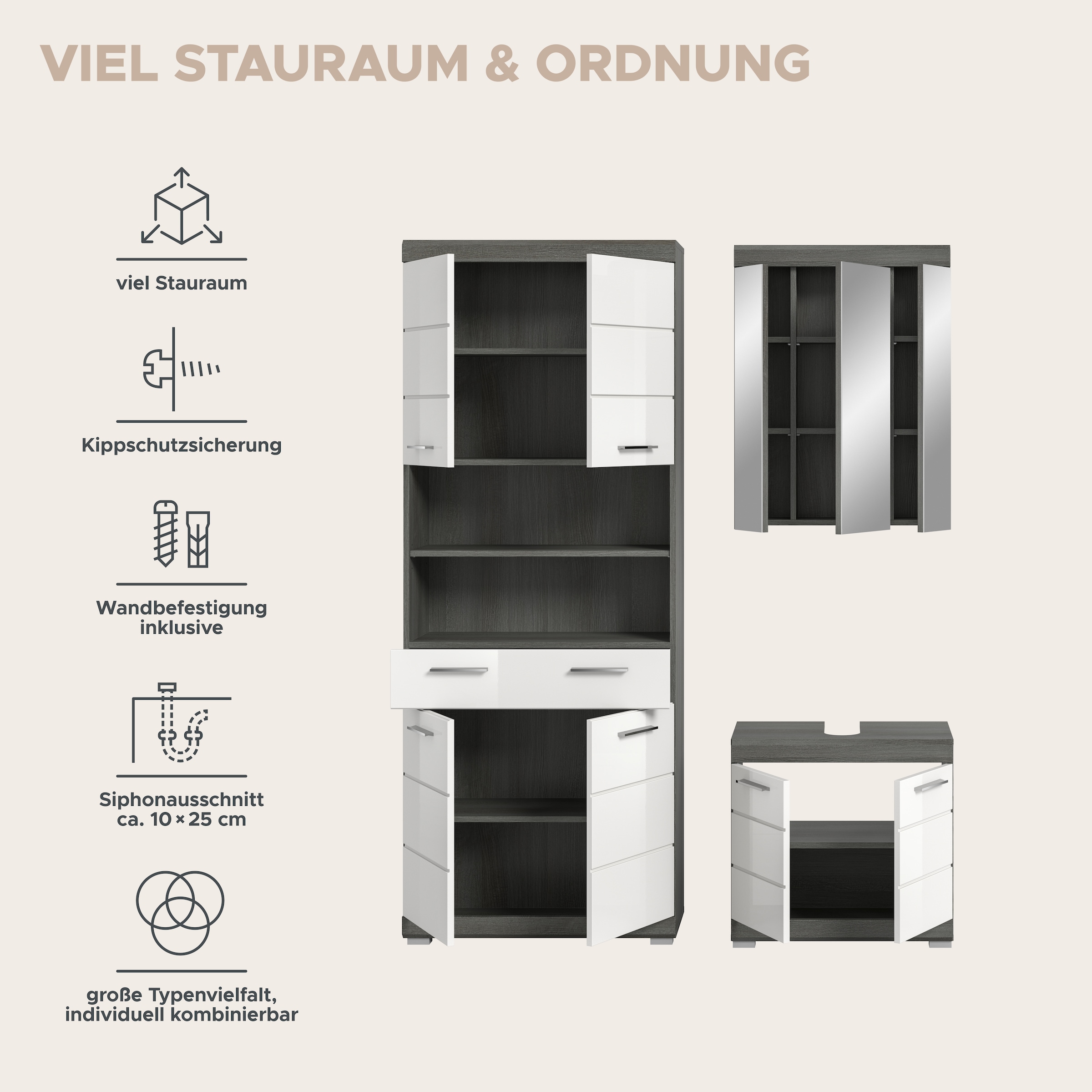 INOSIGN Badmöbel-Set »SIENA, TOPSELLER!, Breite 149cm, 3-teiliges Set« Set, bestehend aus: Hochschrank, Waschbeckenunterschrank & Spiegelschrank, 3 Stk. tlg.