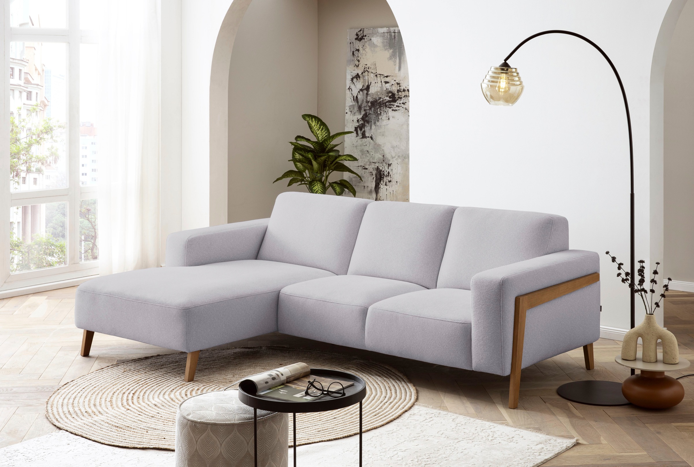 exxpo - sofa fashion Ecksofa »Starr, modern und klassisches Design, hochwertige Verarbeitung, bequem«, L-Form, wahlw. elektrische Sitztiefenverstellung, Massivholzfüße
