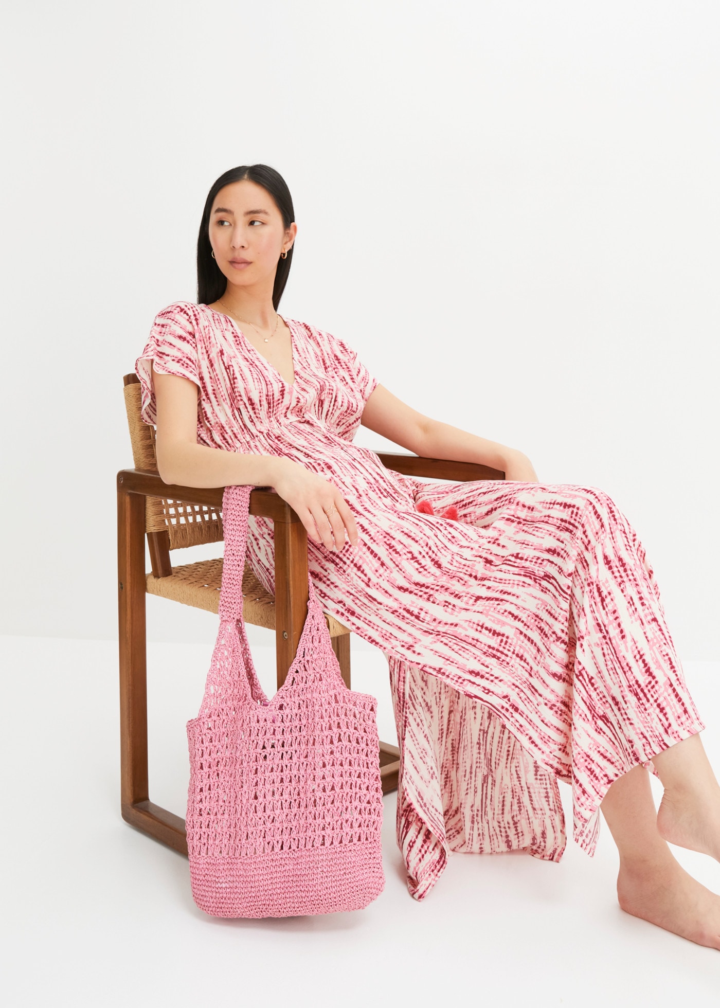 bonprix Maxikleid mit Batik-Print, ausgestellte Passform, aus Viskose, Kurzarm-Design