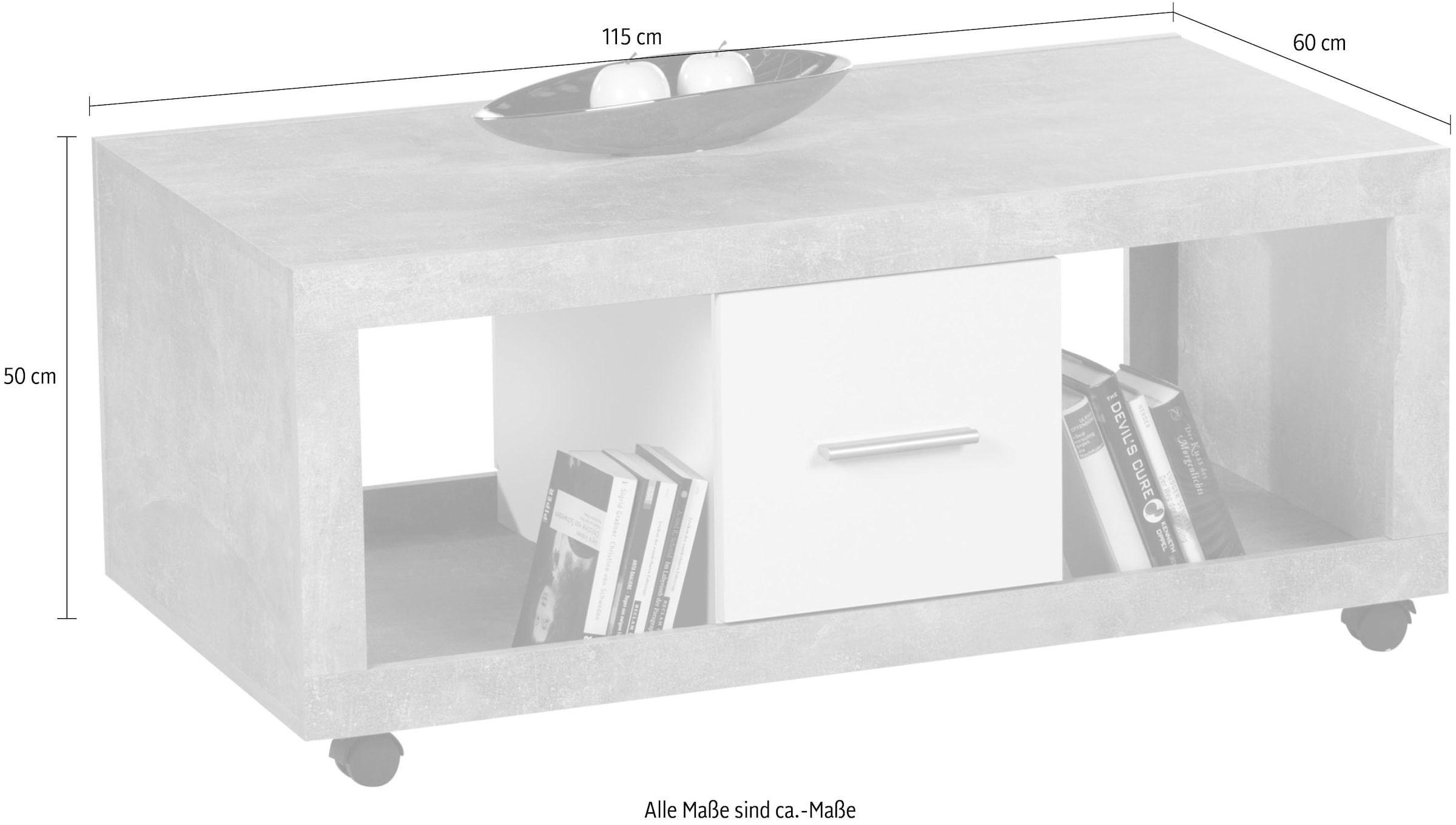 Stolkom Couchtisch »Stone rollbar mit Schubkästen, Beton weiß, BxHxT 115x50x60 cm«, Rollbar, 2 Schubkästen, 2 offene Fächer, Beton Dekor-Weiß