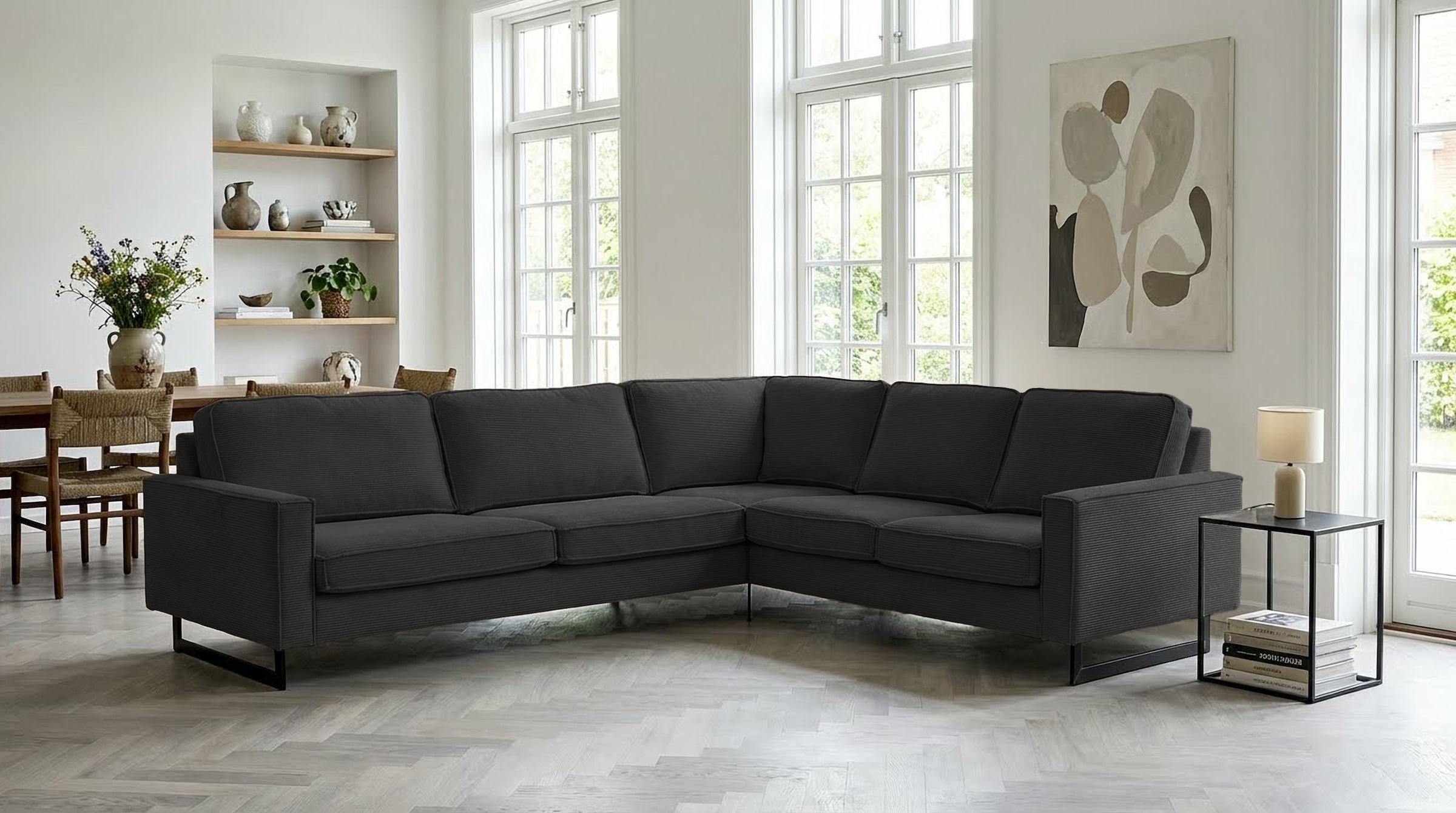 Home affaire Ecksofa »Pinto, XXL, 250/290 cm, langer Schenkel, Ottomane« Cord, Chenille, Lederoptik, mit Keder, Metallfüße, Wellenunterfederung