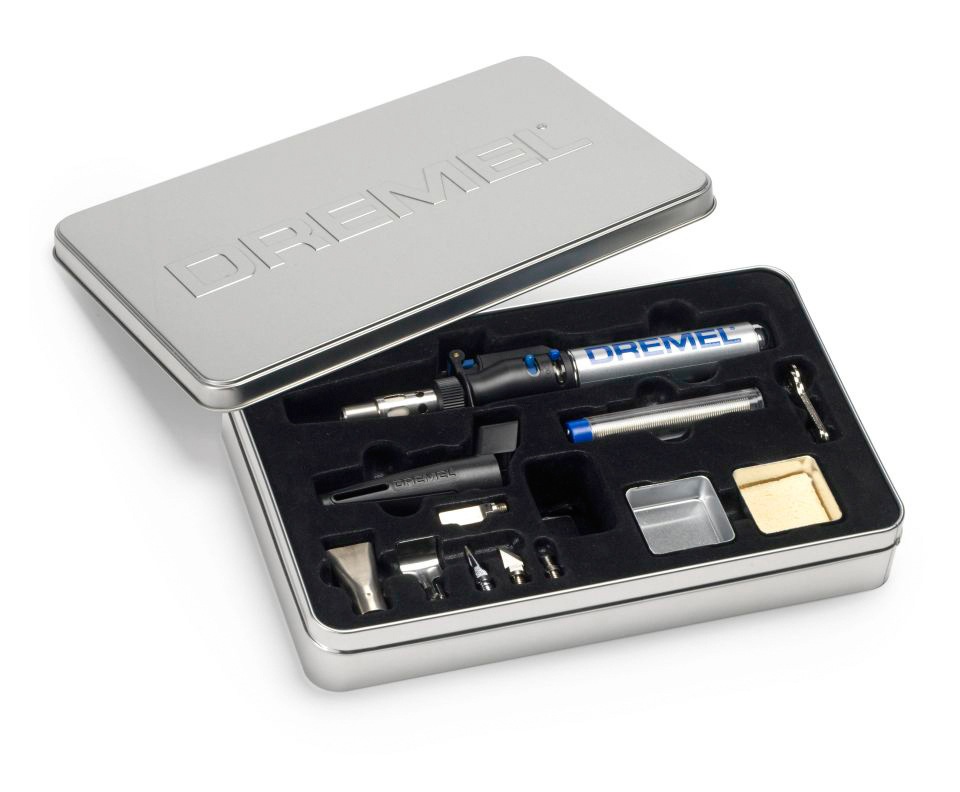 DREMEL Lötkolben »Versatip«, (6 tlg., Dremel VersaTip, Lötspitze, Schneideklinge, Heißmesser, Flachflammdüse, Reflektorblech, Heißluftgebläsedüse, Lötdraht, Lötschwamm + Schwammbehälter, Bedienungsanleitung, Aufbewahrungsbox), max. Brennzeit 90 min