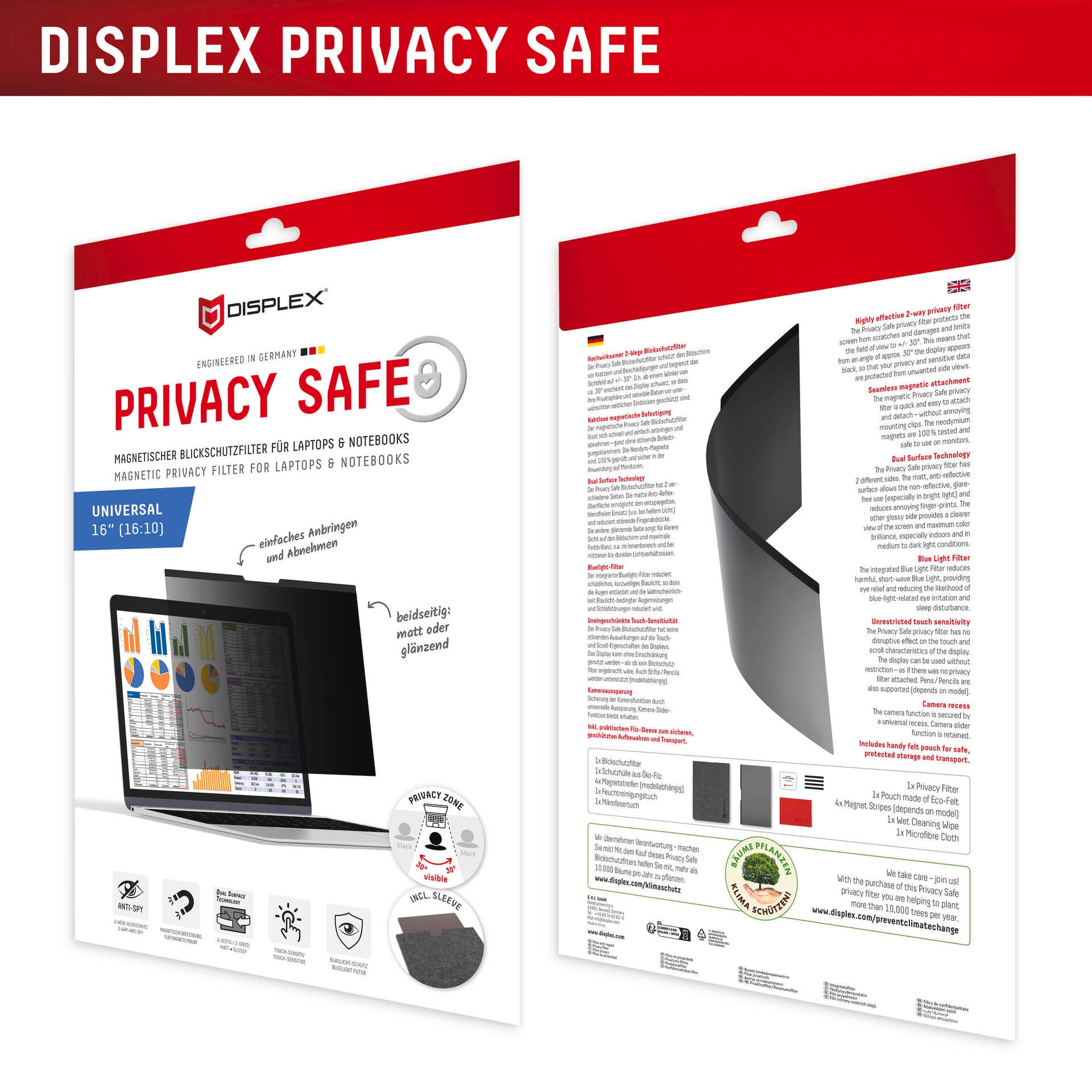 Displex Displayschutzfolie »Privacy Safe Magnetischer Blickschutzfilter Universal 16" (16:10)« für Universal 16" (16:10) Laptops und Notebooks Displayschutzglas, Schutzfolie, Bildschirmschutz, kratz- & stoßfest