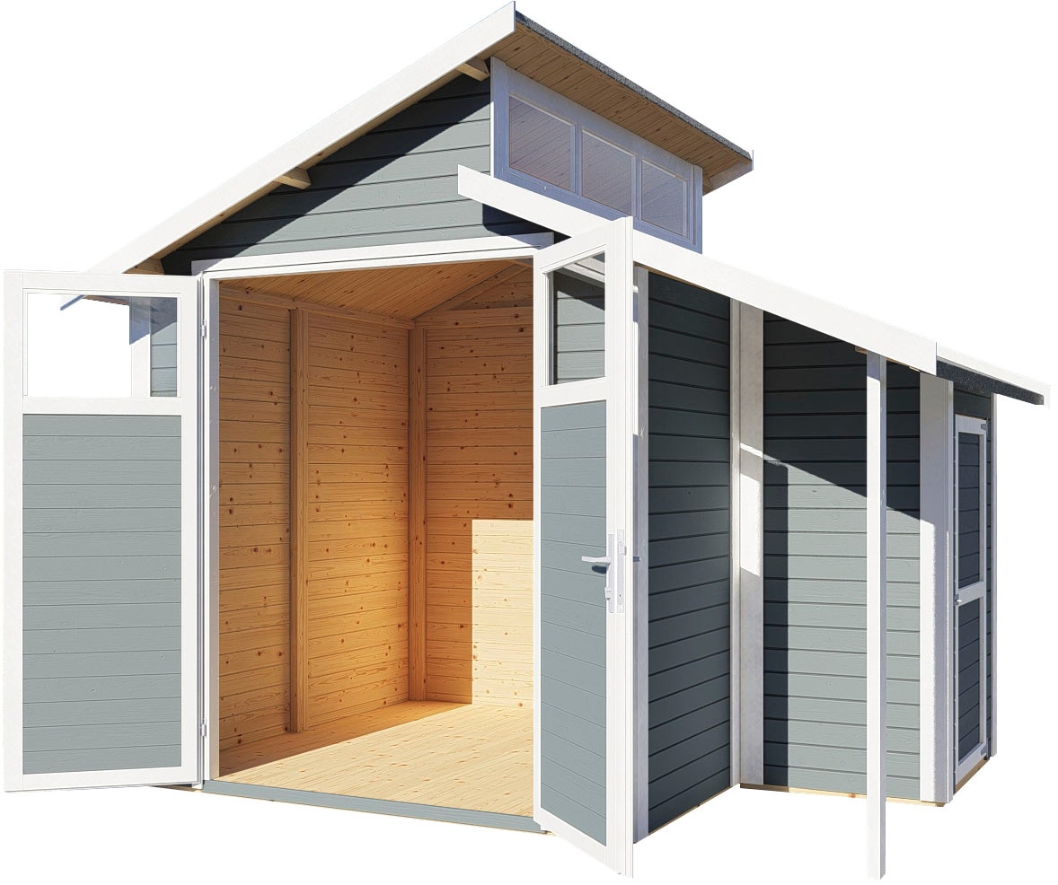 BERTILO Gartenhaus »Studio Set 2, in verschiedenen Farben«, mit Doppelpultdach, Oberlicht und Dachverlängerung + Wandschrank