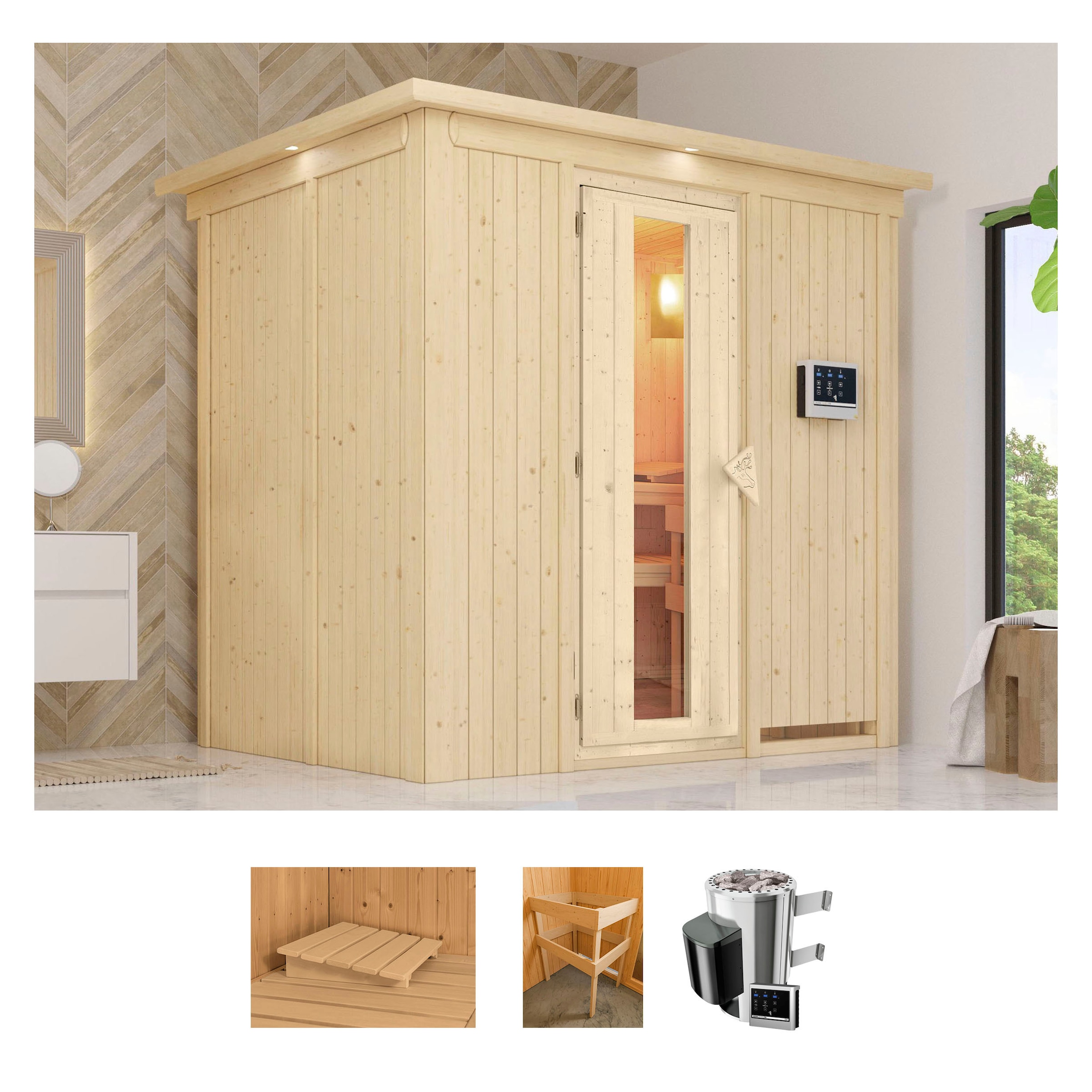 Karibu Sauna »Bellin«, (Set), 3,6-kW-Plug & Play Ofen mit ext. Steuerung günstig online kaufen