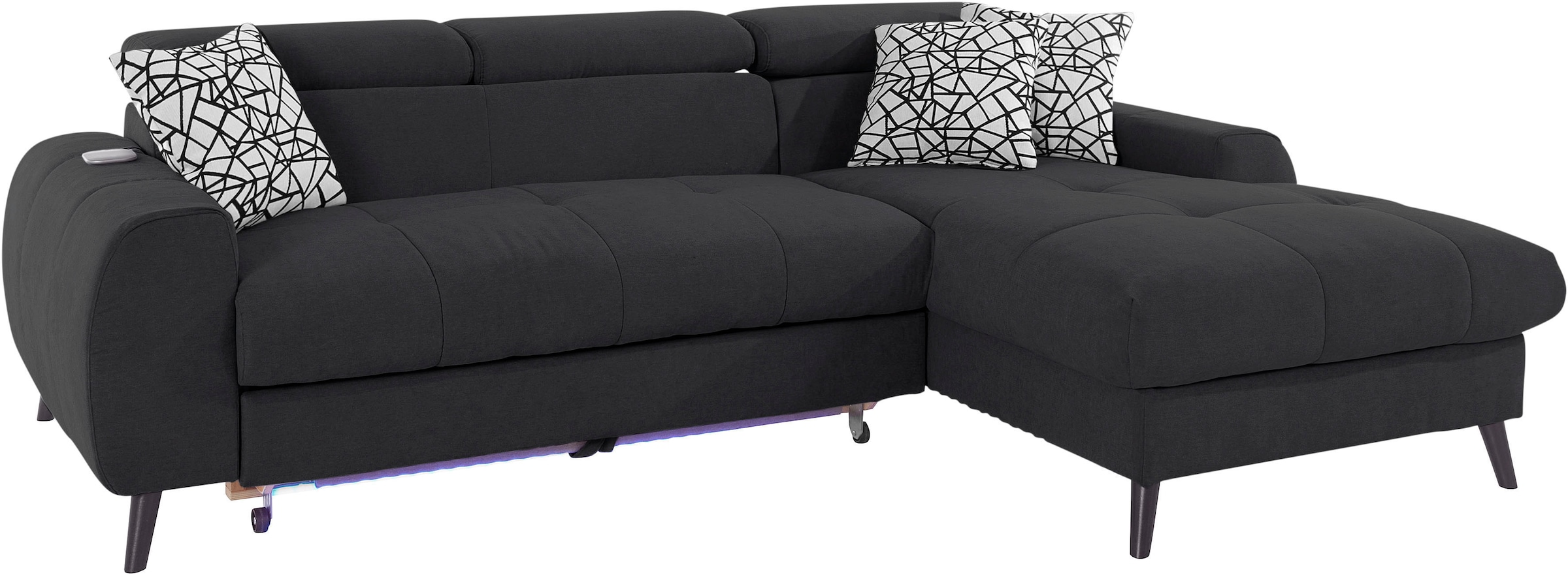 COTTA Ecksofa »Mia L-Form mit 3 Zierkissen«, wahlweise mit Bettfunktion, Bettkasten, Beleuchtung & Wireless-Charger