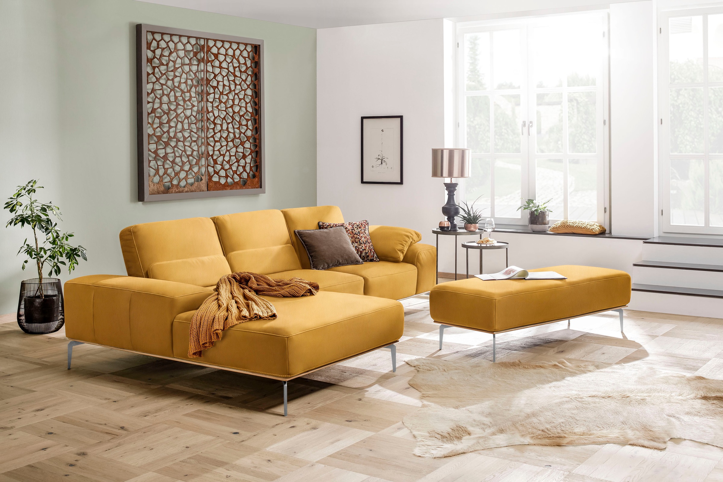 W.SCHILLIG Polsterhocker »run«, mit elegantem Holzsockel, Füße in Chrom glänzend, Breite 150 cm