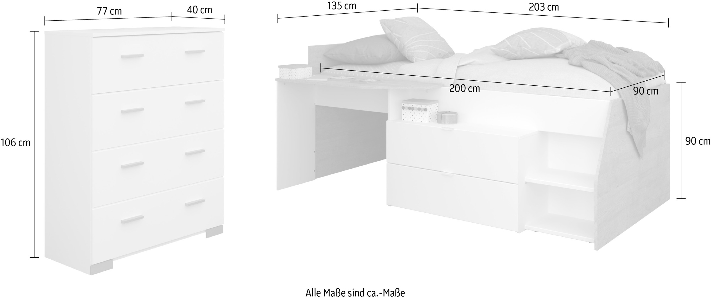 Parisot Jugendzimmer-Set »Parisot Milky 16« 2 Stk. tlg. viel Stauraum, halbhohes Hochbett