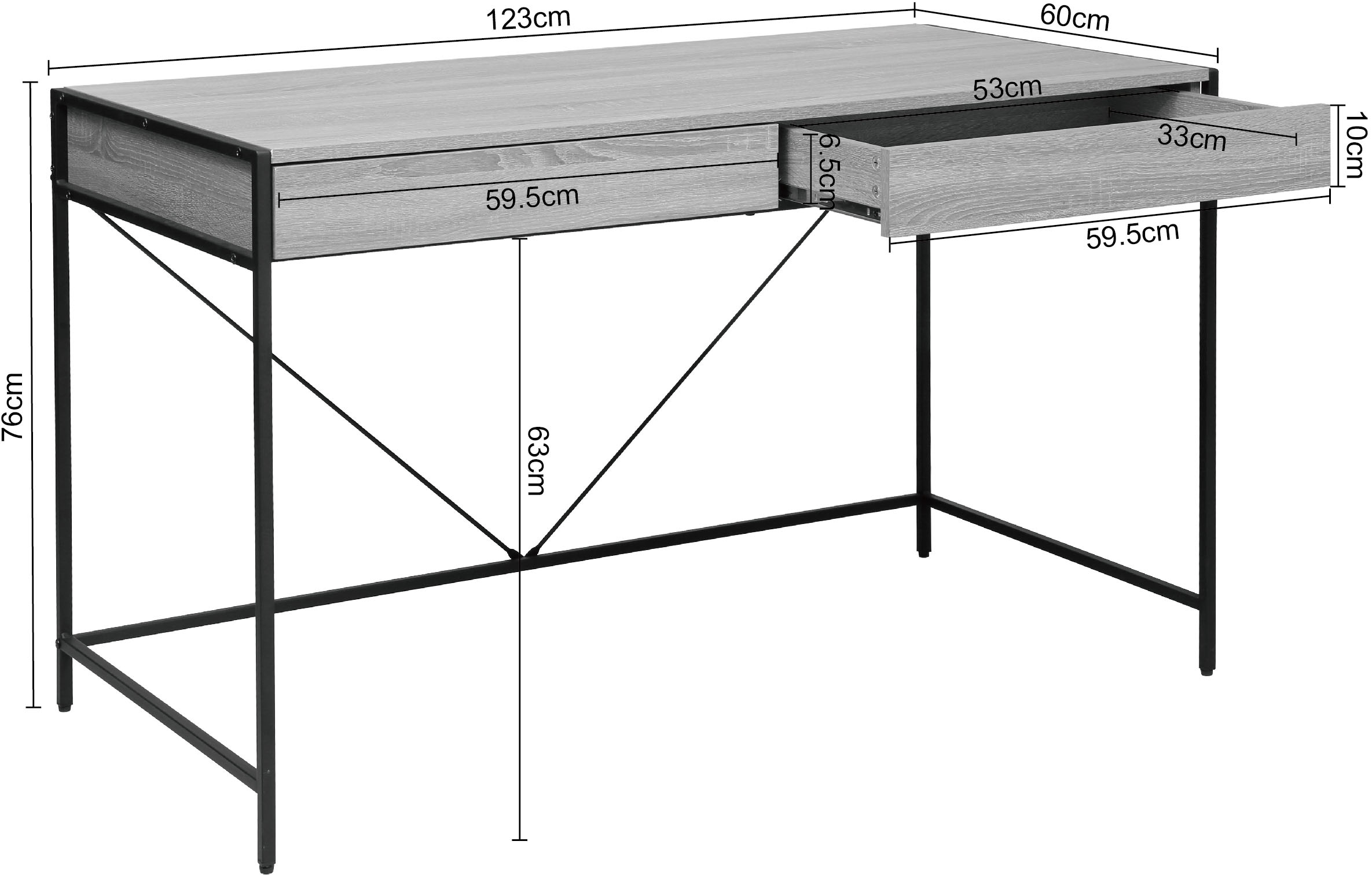 INOSIGN Schreibtisch »Endre«, stabiles Metallgestell, 2 Schubladen, grifflos, Breite 123 cm
