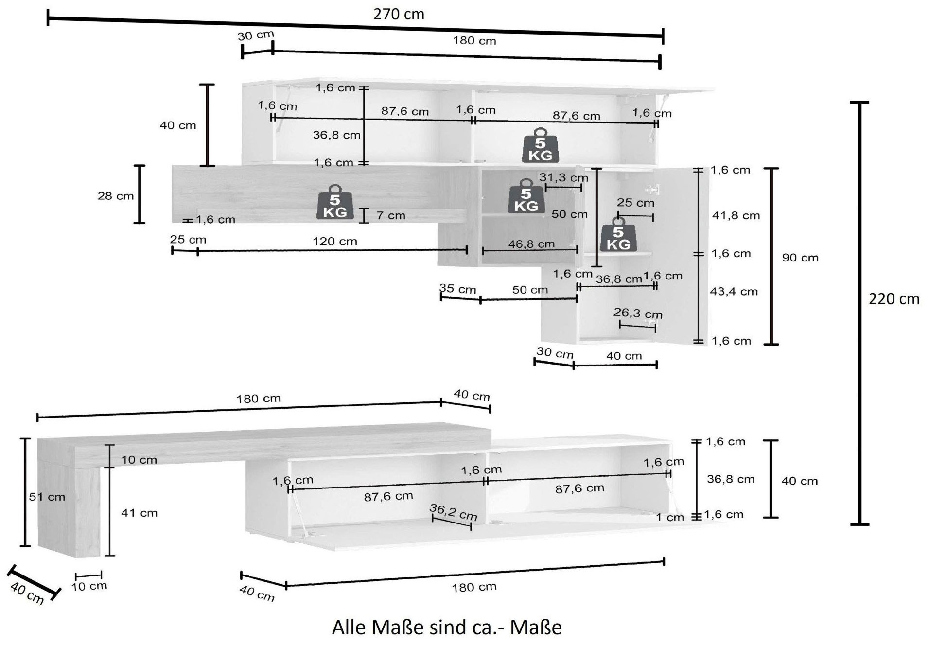 INOSIGN Wohnwand »Chronos Wohnwand, Medienwand, 5-er set«, (Set, 5 St.), ca. 270 cm mit Hängeschränke, Würfel, Regal, Lowboard, Made in Italy