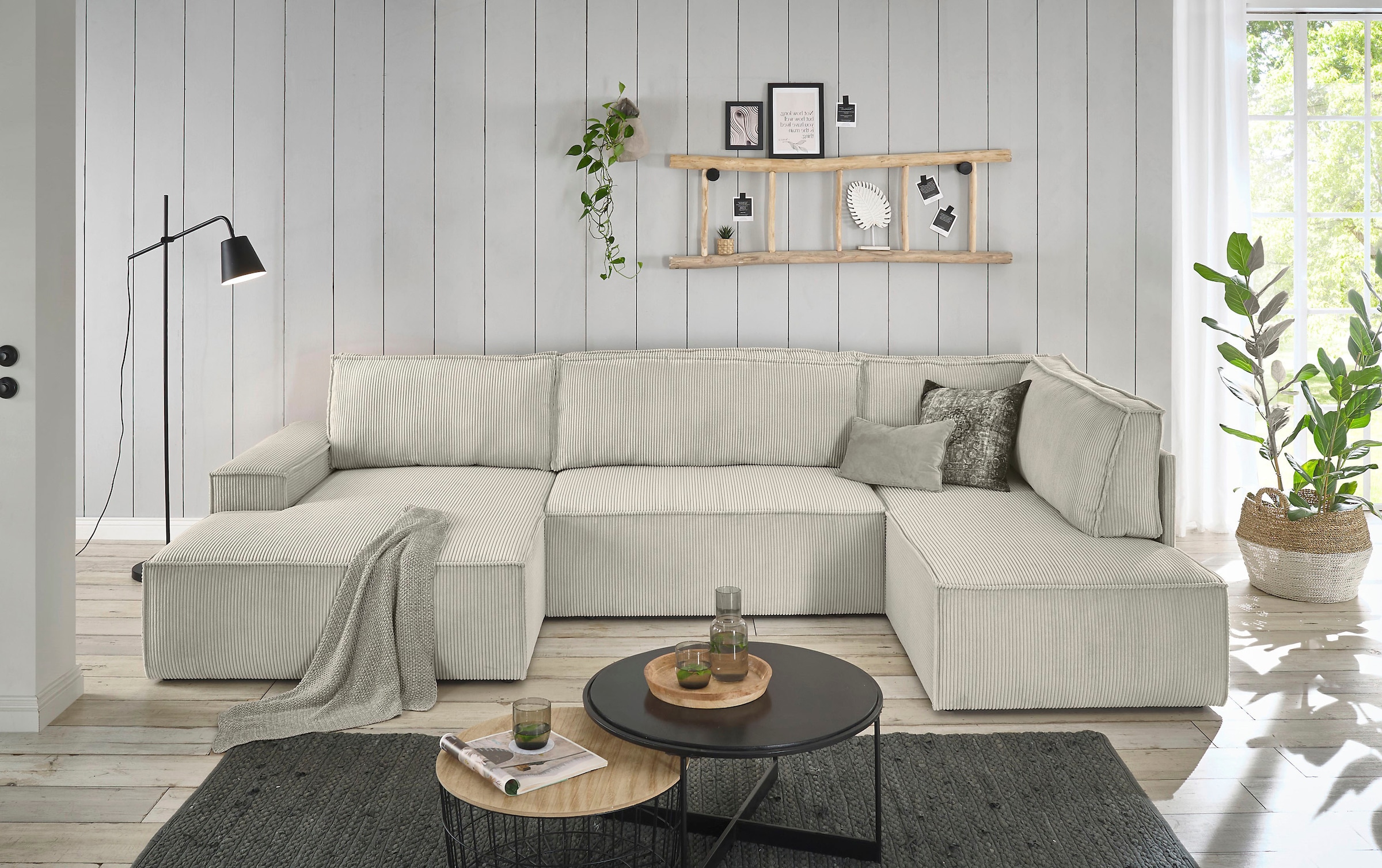 Home affaire Wohnlandschaft »SHERWOOD 329 cm, U-Form, Schlafsofa,«, Schlaffunktion m. Bettkasten (194x139 cm), Cord, Vintage, Samtvelours