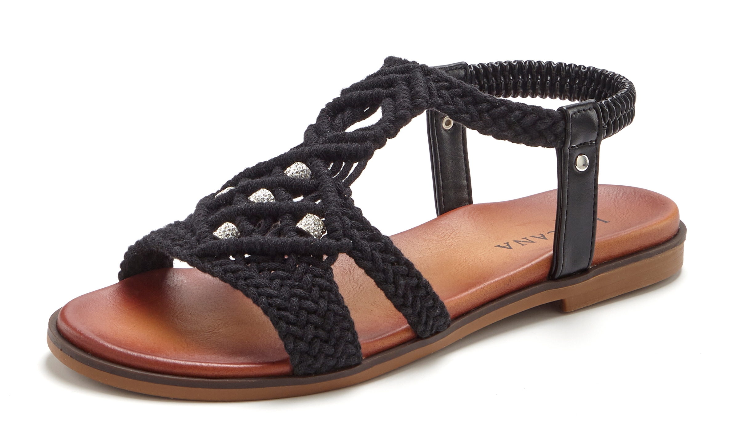 LASCANA Sandale »Sommerschuh, offener Schuh, Pantolette,«  in trendiger Häkeloptik, Glitzerdetails und elastischen Riemchen