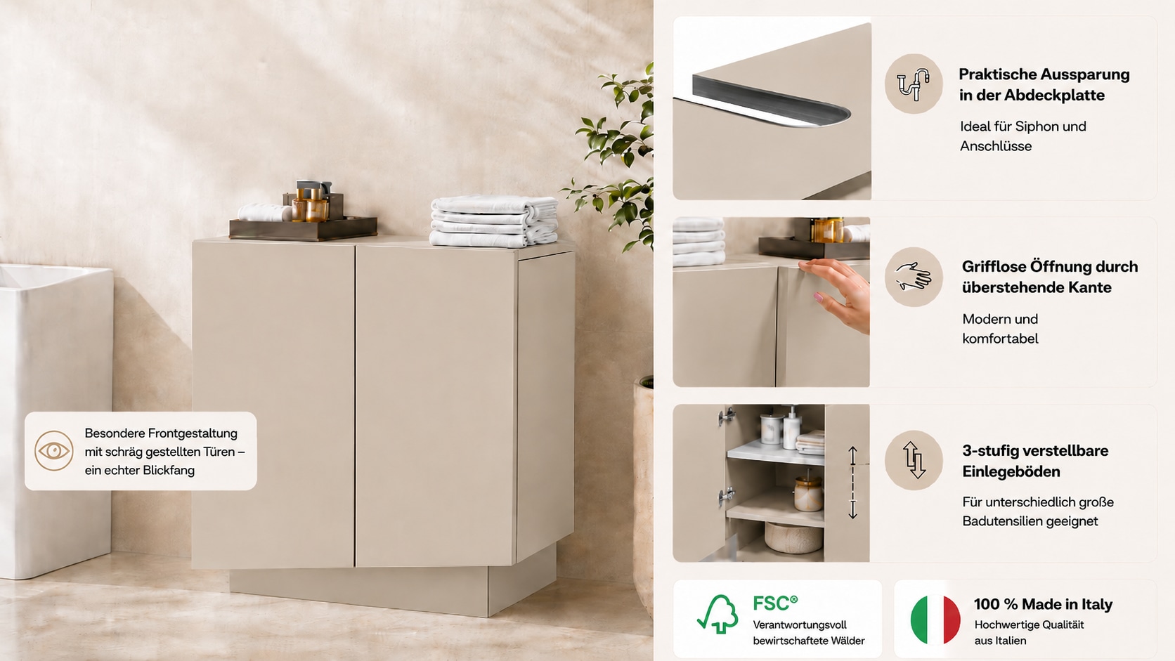welltime Waschbeckenunterschrank »Vela,Breite 60cm, 2 Türen, 2 Fächer, mit Siphonausschnitt« 1 Stk. tlg. Waschbeckenunterschrank,Waschtisch,Design mit schrägen Türen