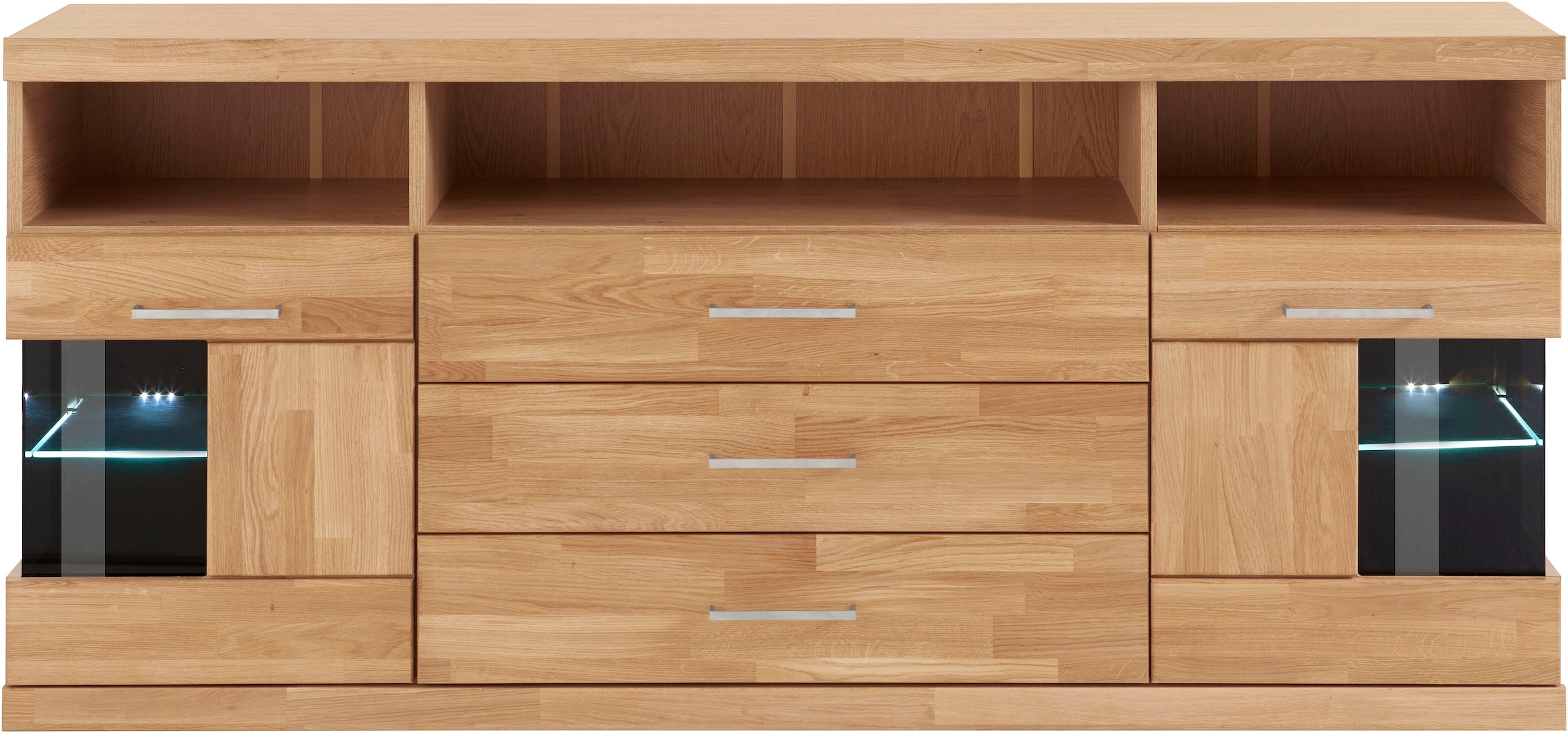 Home affaire Sideboard »Ribe,180cm breit, Fronten Massivholz,7 Fächer,Böden versetzbar«, Korpus Holzwerkstoff,Türen mit Glaseinsatz,3 breite Schubladen
