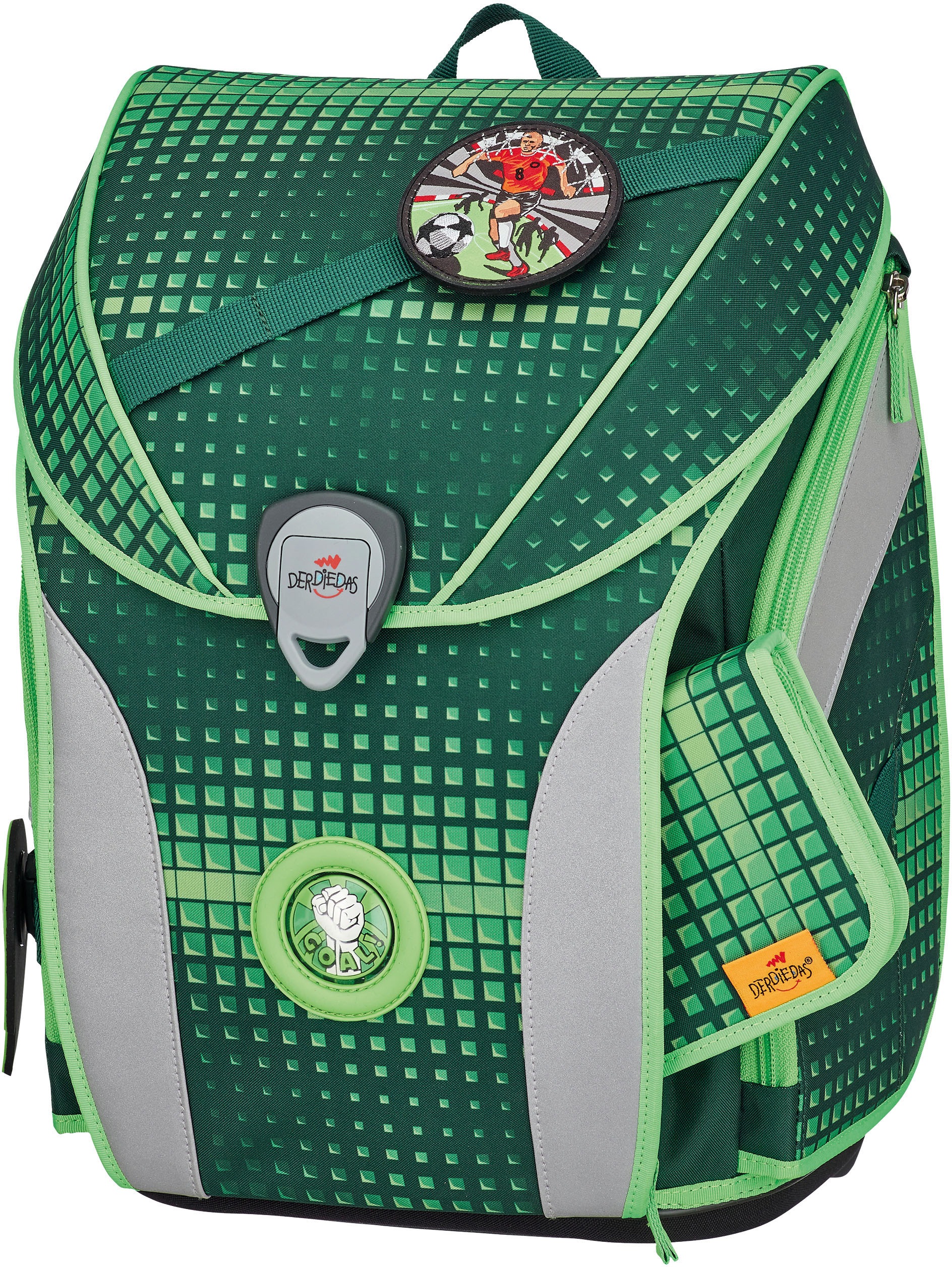 DerDieDas® Schulranzen »ErgoFlex MAX - Soccer Green«, reflektierende Details, mit 3 Buttons; enthält recyceltes Material