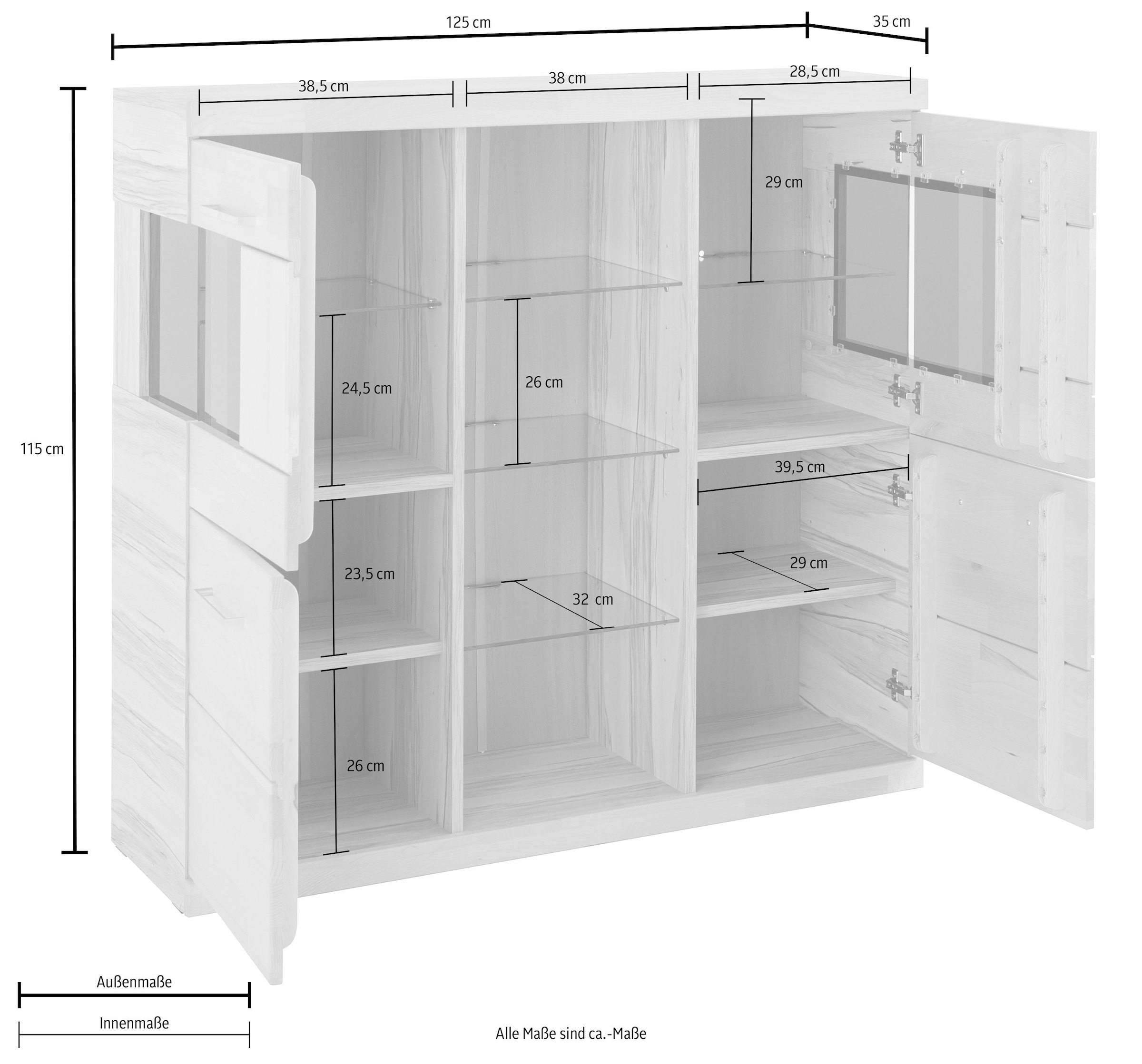 Home affaire Highboard »Ribe,120cm breit,112cm hoch, Fronten Massivholz,12 Fächer«, Holz massiv, Holzwerkstoff, Metall Griffe,2Türen mit Glaseinsatz