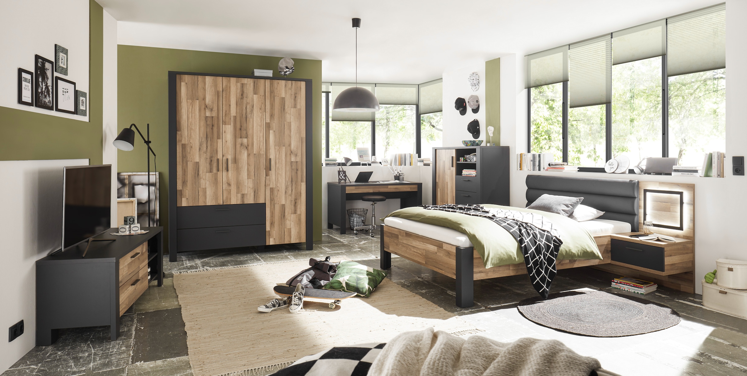 Begabino Schubkastenkommode »Dallas Hochkommode, Sideboard, Wäscheschrank«, mit Schubkästen, Schrank in Montana Oak-Graphit