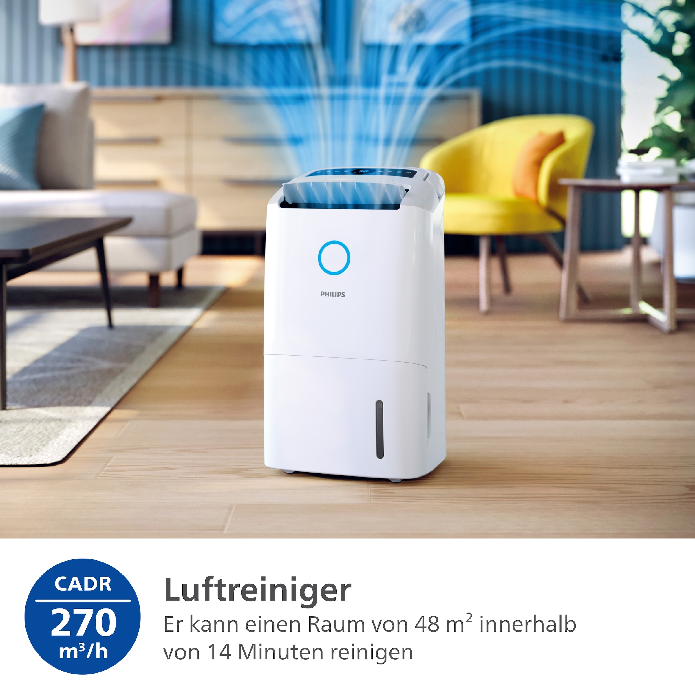 Philips Luftentfeuchter »u. Luftreiniger DE5305/11 5000 Series, mit Wäschetrockner-Modus«, für 137 m³ Räume, Entfeuchtung 26,5 l/Tag, Tank 4 l, 2-Schichten-HEPA-Filtersystem, Luftreinigungsrate 270 m³/h
