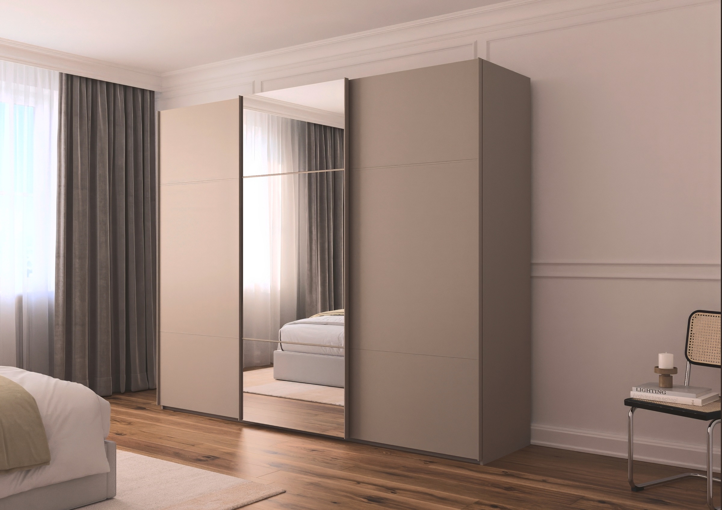 rauch Schwebetürenschrank »Kleiderschrank Schrank Garderobe Schlafzimmerschrank SCALE-TRIO«, edle dreigeteilte Front mit 2 Zierleisten und Spiegel MADE IN GERMANY