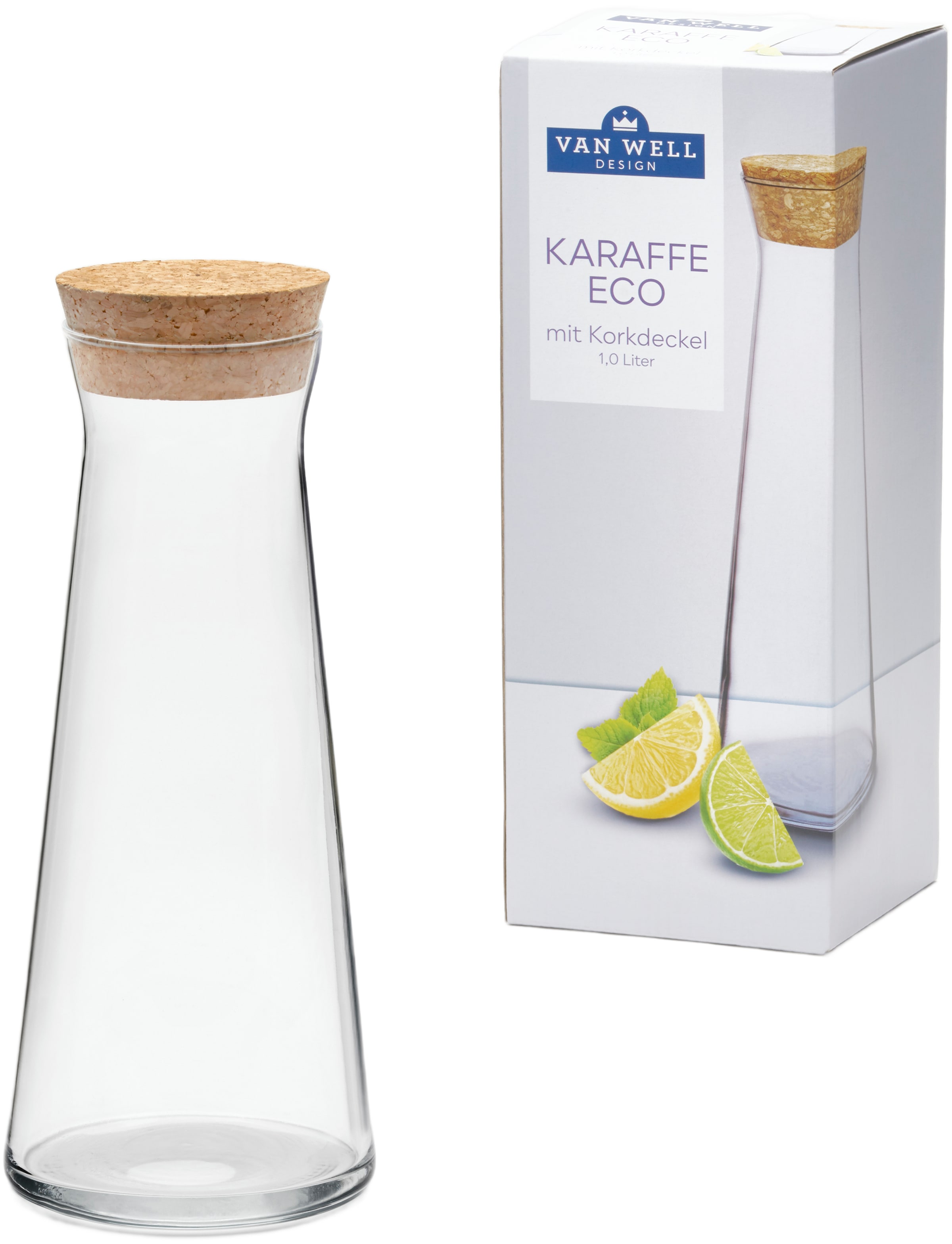 van Well Karaffe »Glas-Karaffe mit Korkdeckel "Eco", 1,0 Liter«, (1 tlg.), ideal für Wasser, Saft oder Limonade