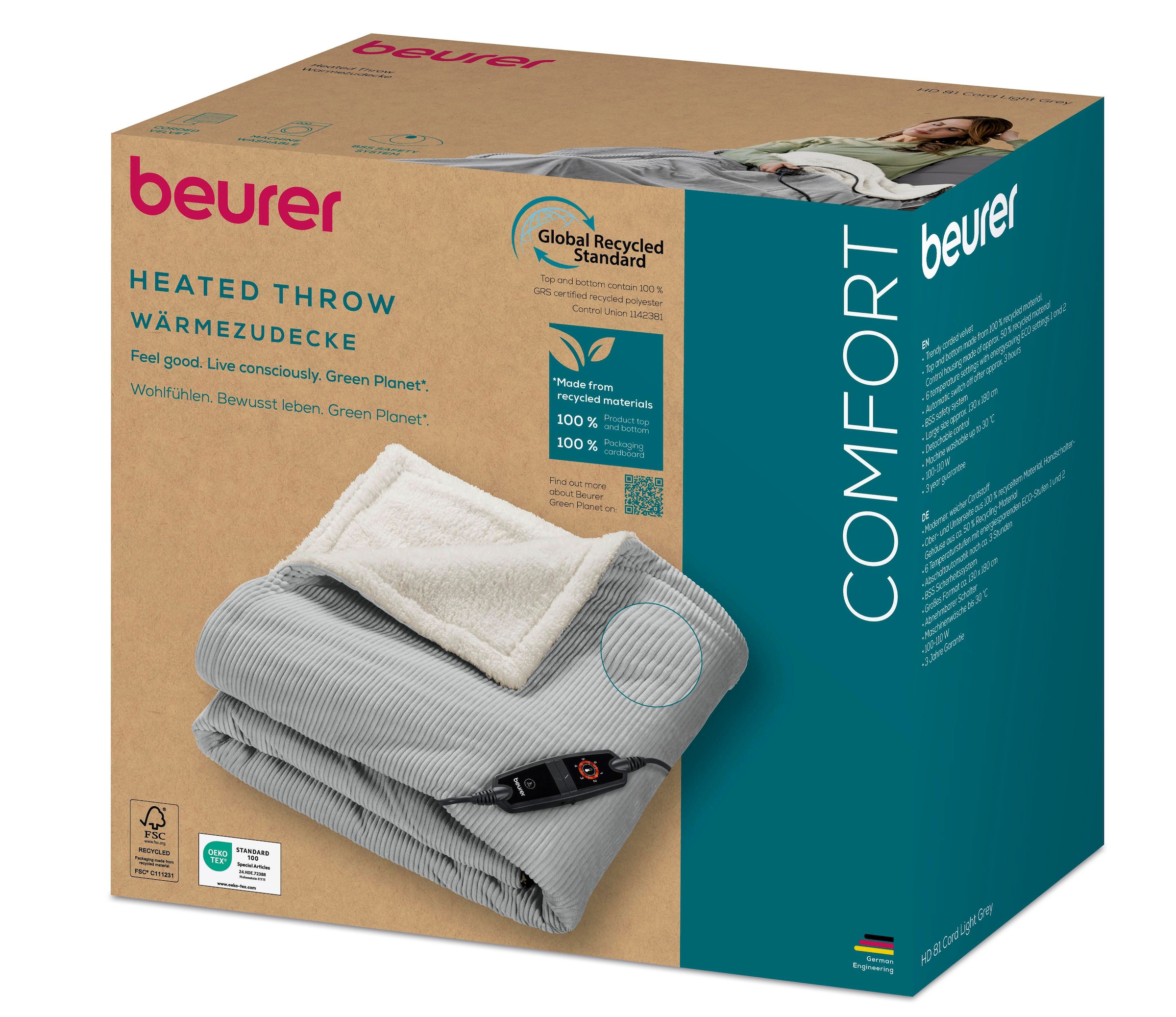 BEURER Heizdecke »HD 81 Cord Light Grey Green Planet, aus recycelten Materialien« kuschelige Wärmedecke aus weichem Cord-Stoff mit 6 Temperaturstufen