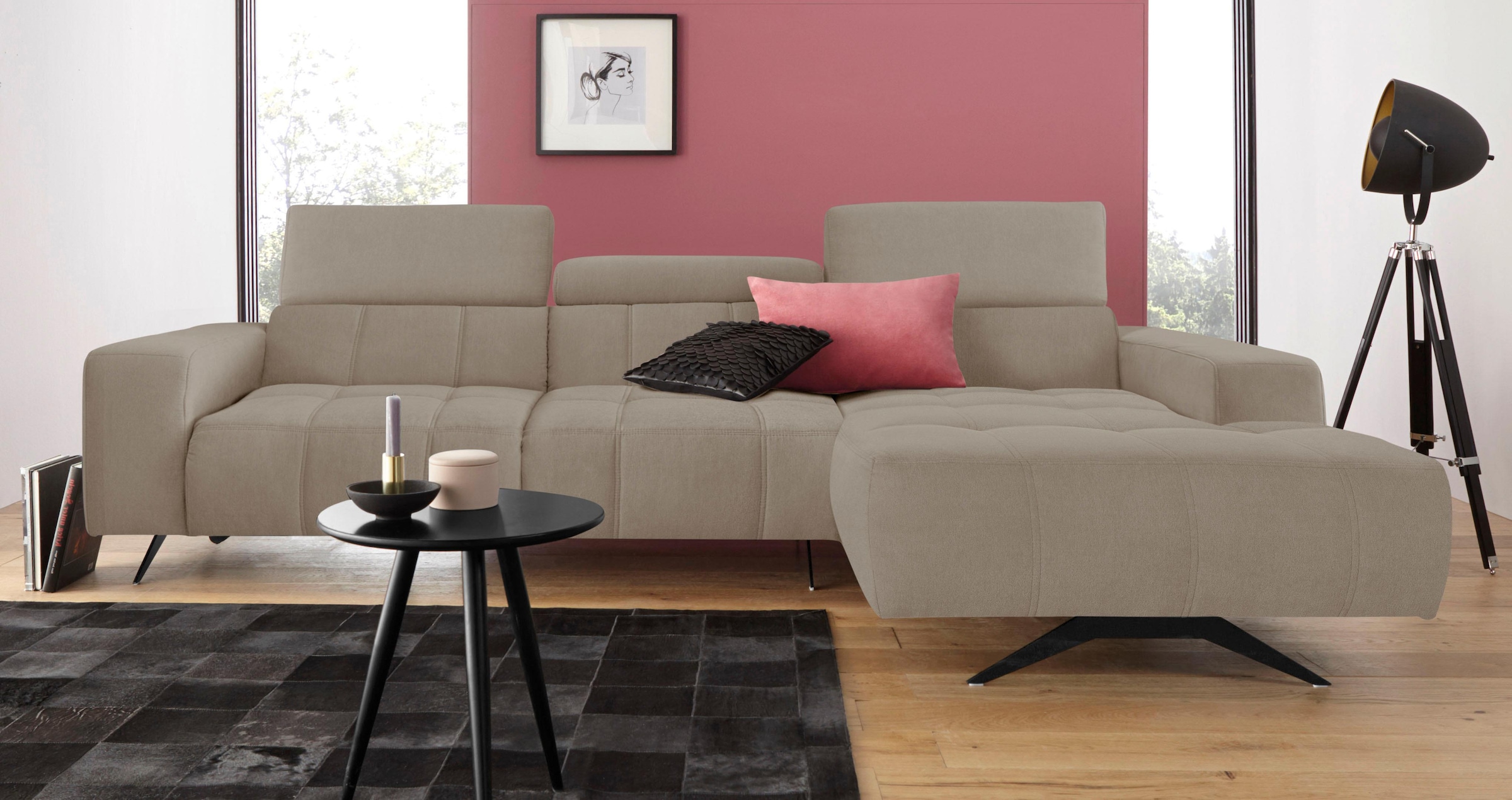DOMO collection Ecksofa »Trento L-Form, mit Kufenfuß oder Einzelfuß«, wahlweise mit Kopfteilverstellung, Recamiere links/rechts bestellbar