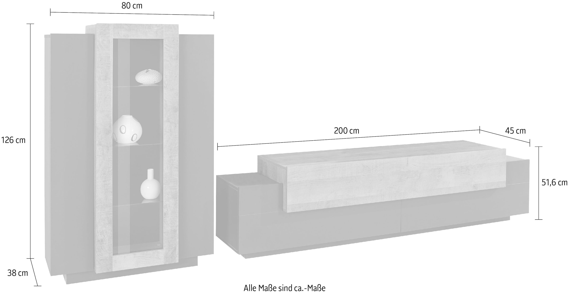 INOSIGN Wohnwand »Coro, Anbauwand, Medienwand«, (Set, 2 St.), Lowboard 4 Fächern Breite 200 und Vitrine 3 Türen Breite 80