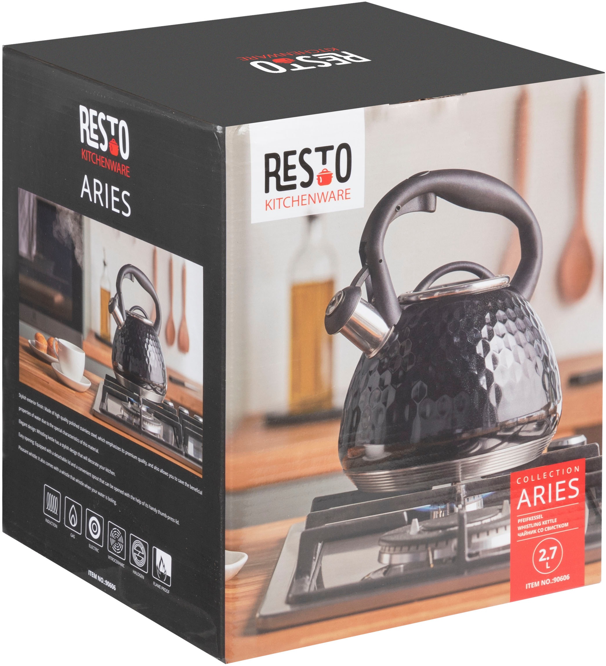 RESTO Kitchenware Wasserkessel »Aries, Flötenkessel 2,7 l, mit 3D-Design, im Geschenkkarton«, Edelstahl, (1 tlg.), mit ergonomischem, wärmeableitenden Bakelit-Griff