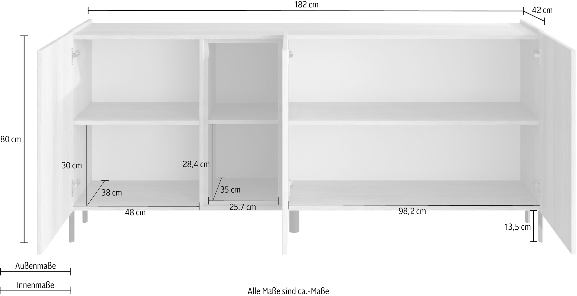 OTTO home Sideboard »Badia, 182 cm breit, 3 Türen, Anrichte, Kommode, Stauraumschrank« Innenliegendes Top, gerade Metallfüße, salbeigrüne Farbakzente