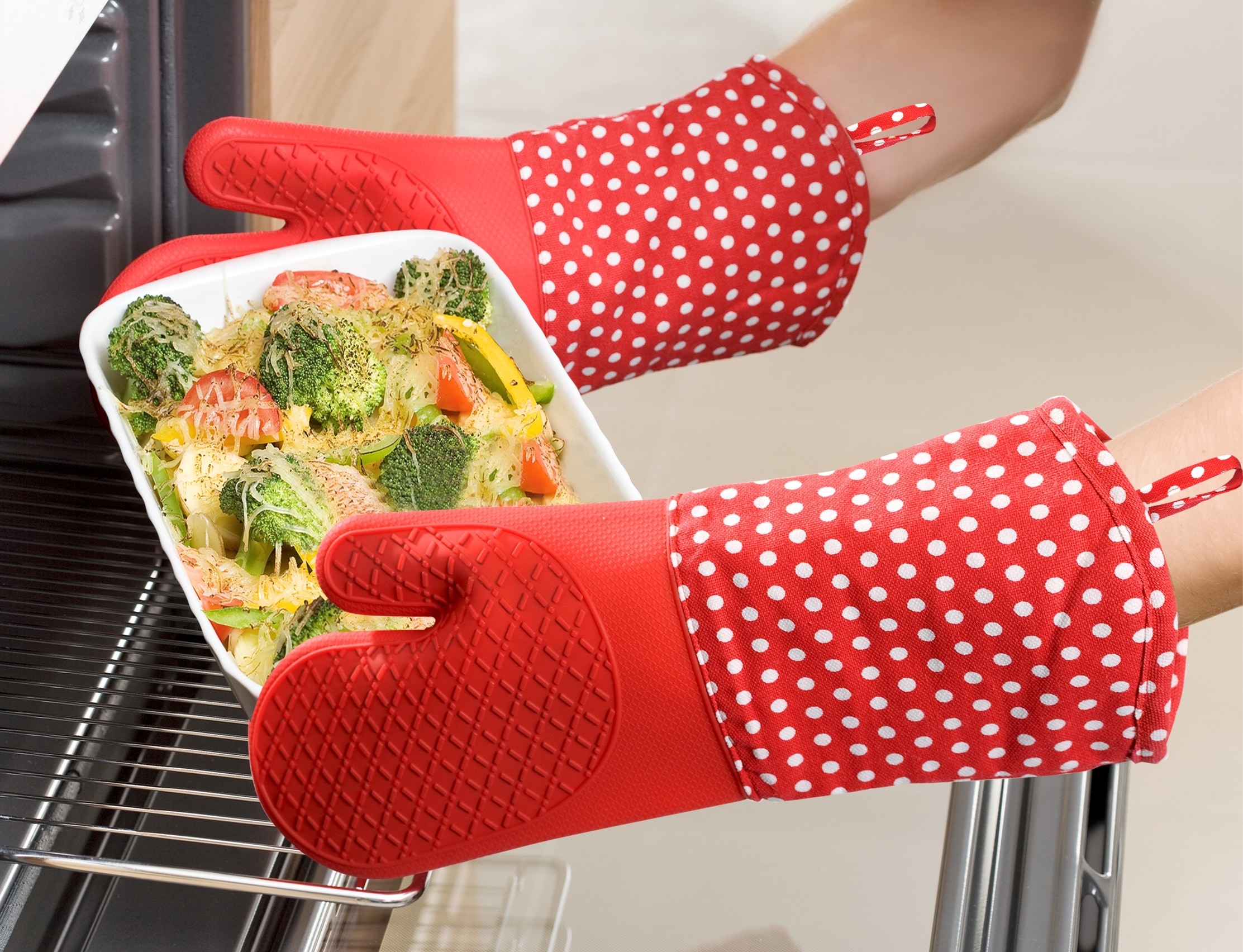 WENKO Topfhandschuhe »Modell Silikon«, (Set, 2 tlg.), Ofen- und Grillhandschuhe, Hitzeschutz, Baumwollinnenseite, 1 Paar