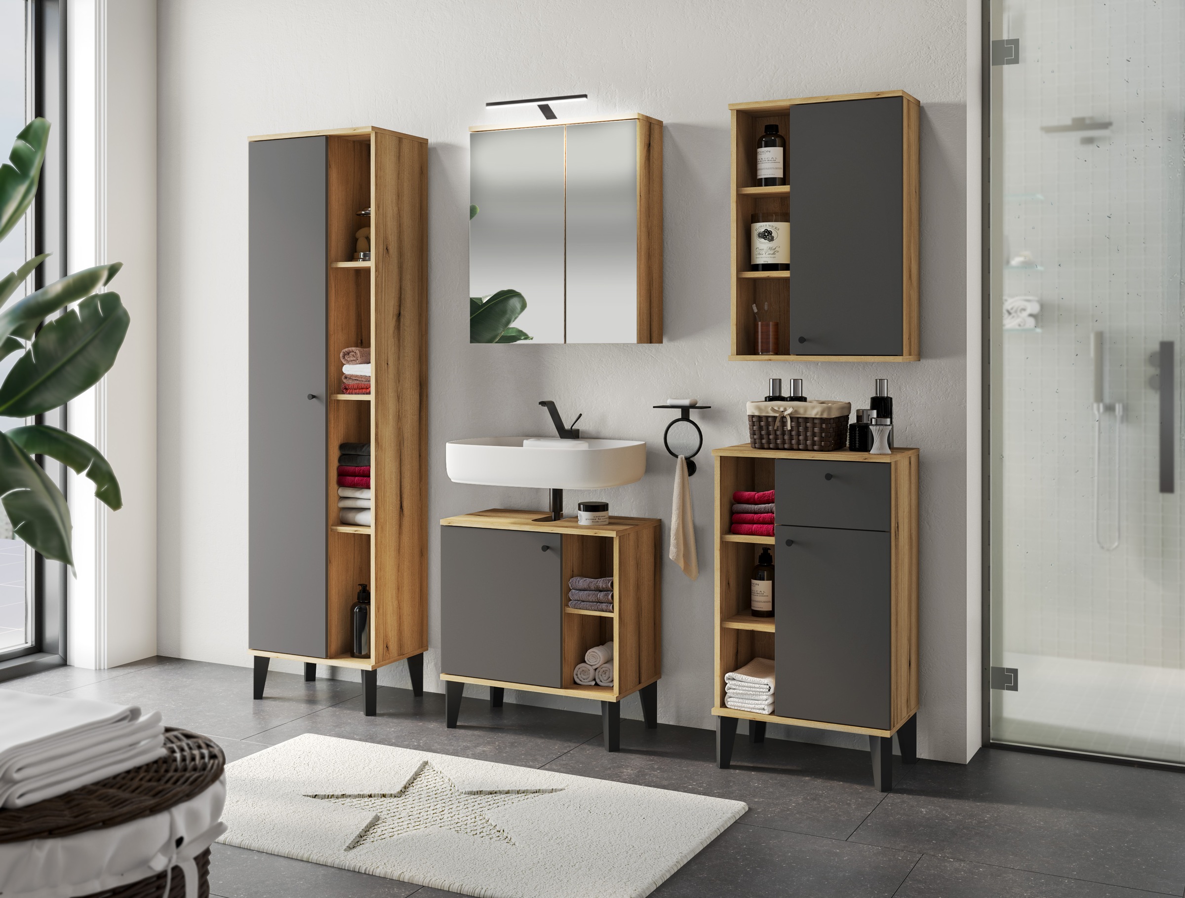 INOSIGN Badmöbel-Set »OSLO, Bad im skandinavischen Design, 5-teiliges Badezimmer«, (Set, 5 St.), Badschränke und Spiegel, in zwei Farben verfügbar, viel Stauraum